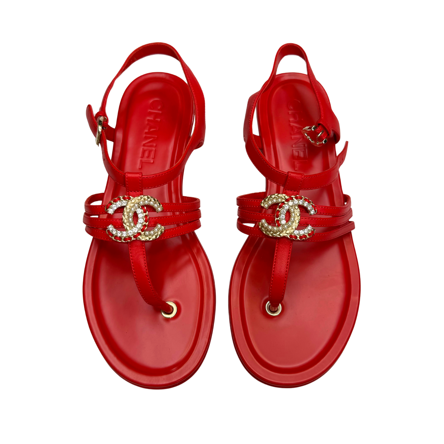 Chanel Interlocking Crystal CC T-Strap Sandals Red