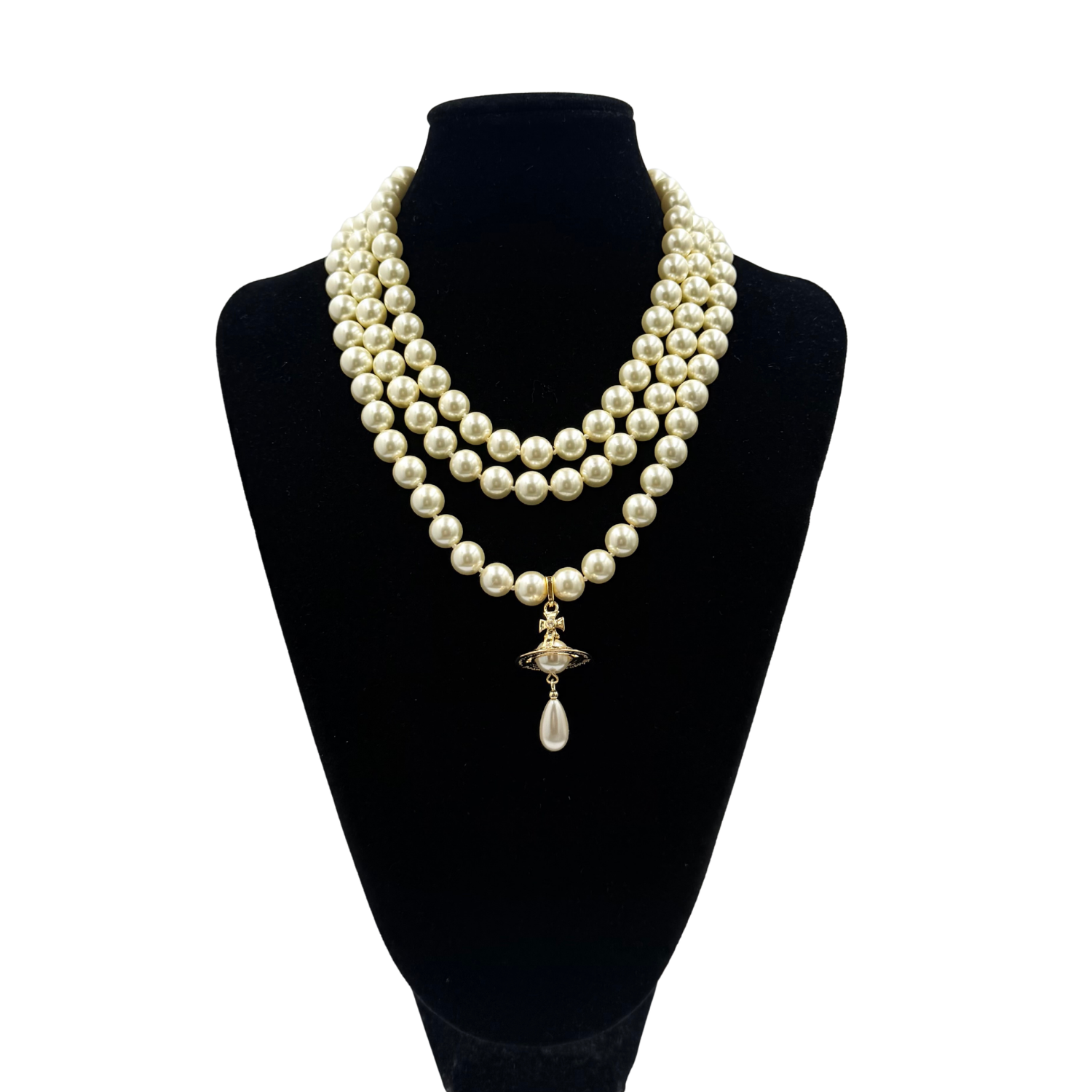 3 Row Pearl Choker Necklace with Gold Disk