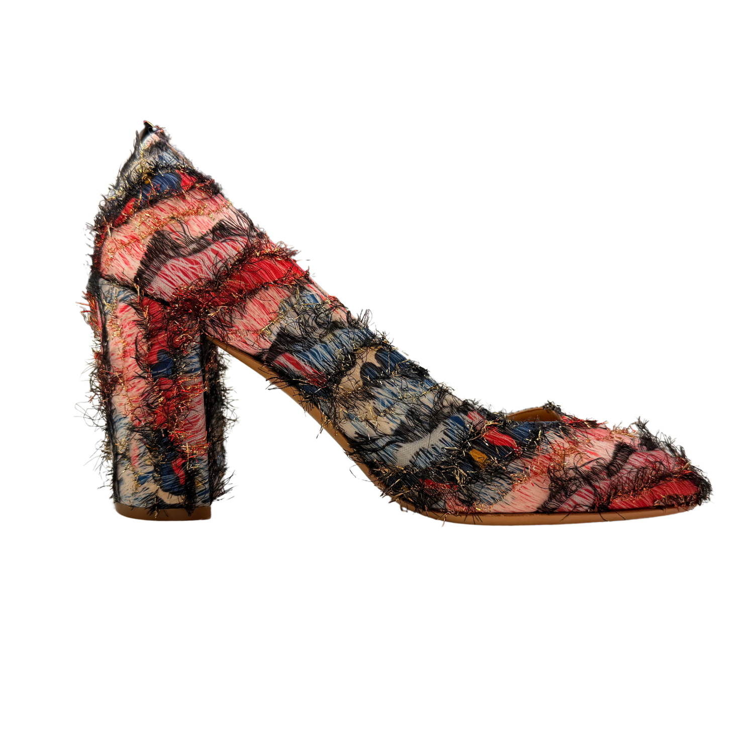 Salvatore Ferragamo Satin Fantasy Fringe Block Heel Pump Multicolor