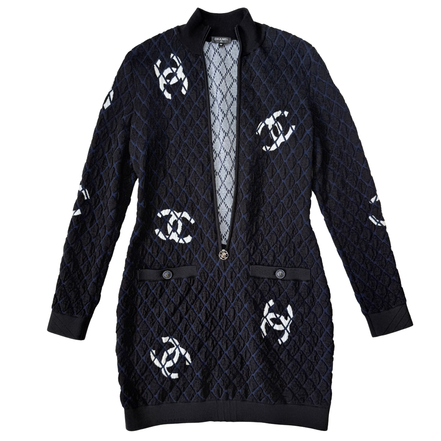 Chanel Runway CC Coco Neige Half Zip Up Dress Blue & Black