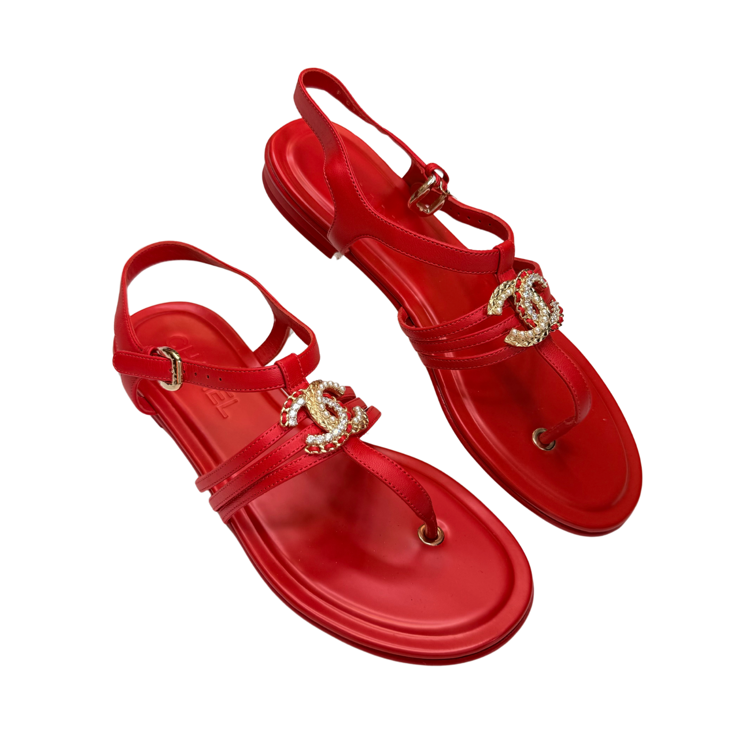 Chanel Interlocking Crystal CC T-Strap Sandals Red