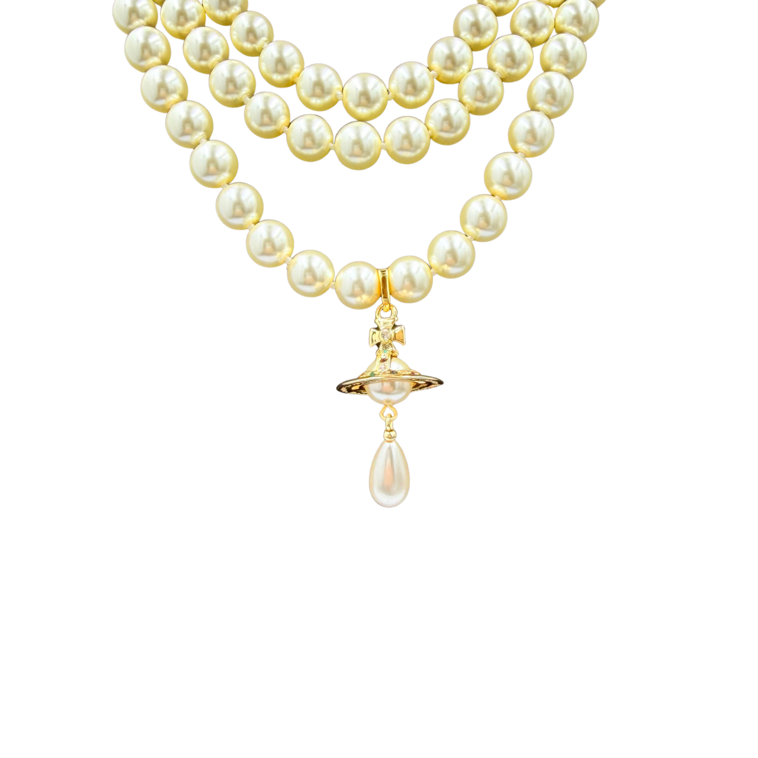3 Row Pearl Choker Necklace with Gold Disk