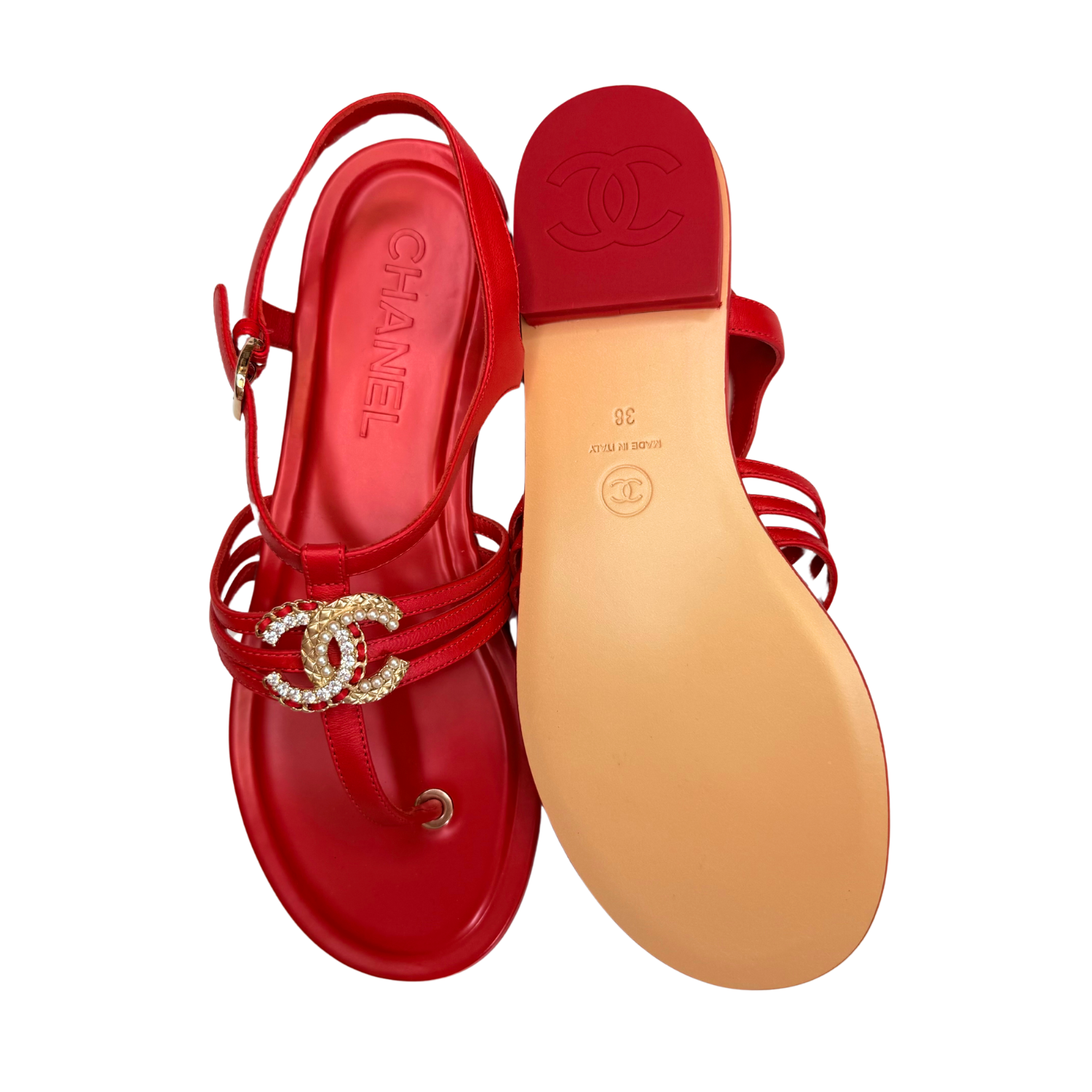 Chanel Interlocking Crystal CC T-Strap Sandals Red