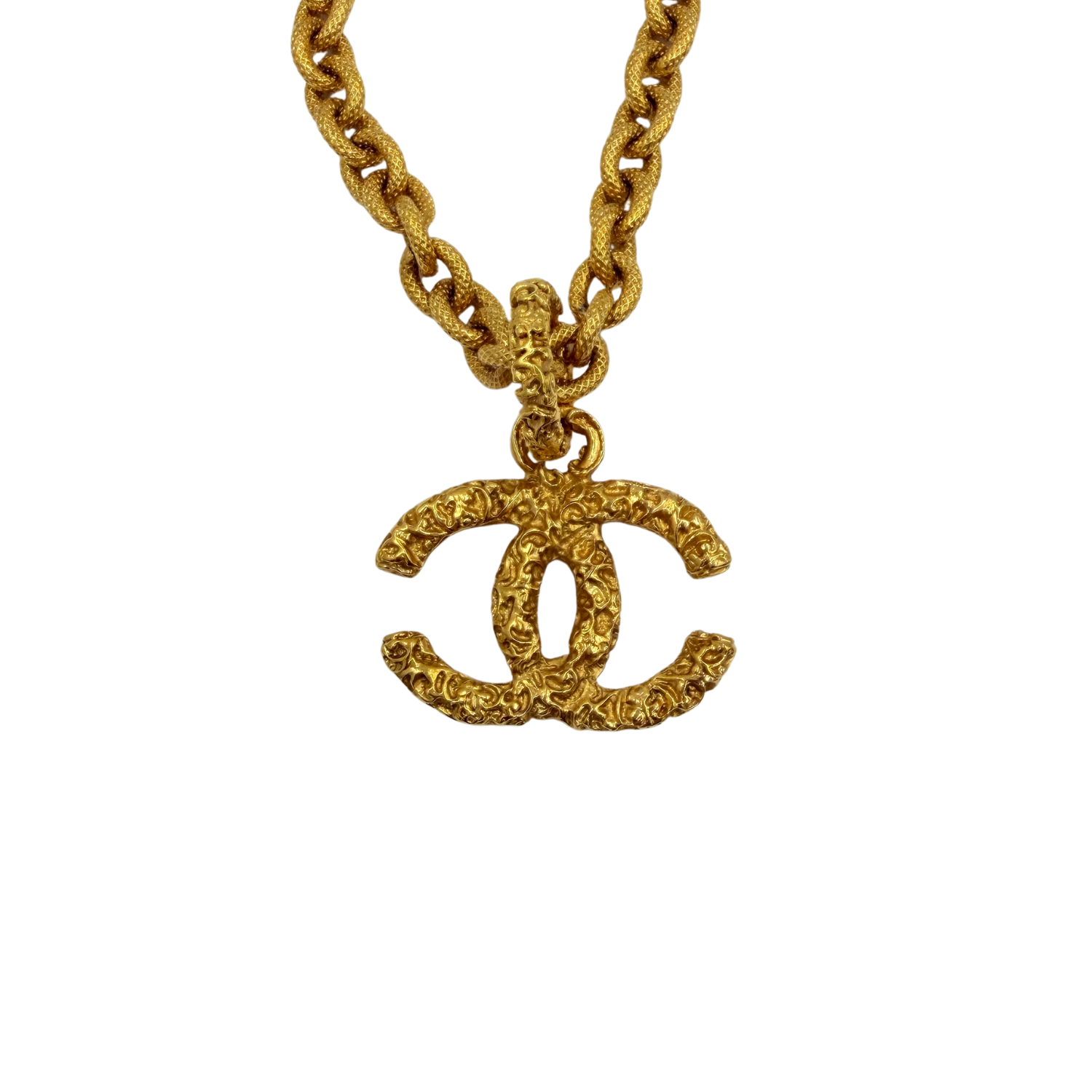 Chanel Vintage 24K Gold Plated Lava CC Pendant Necklace