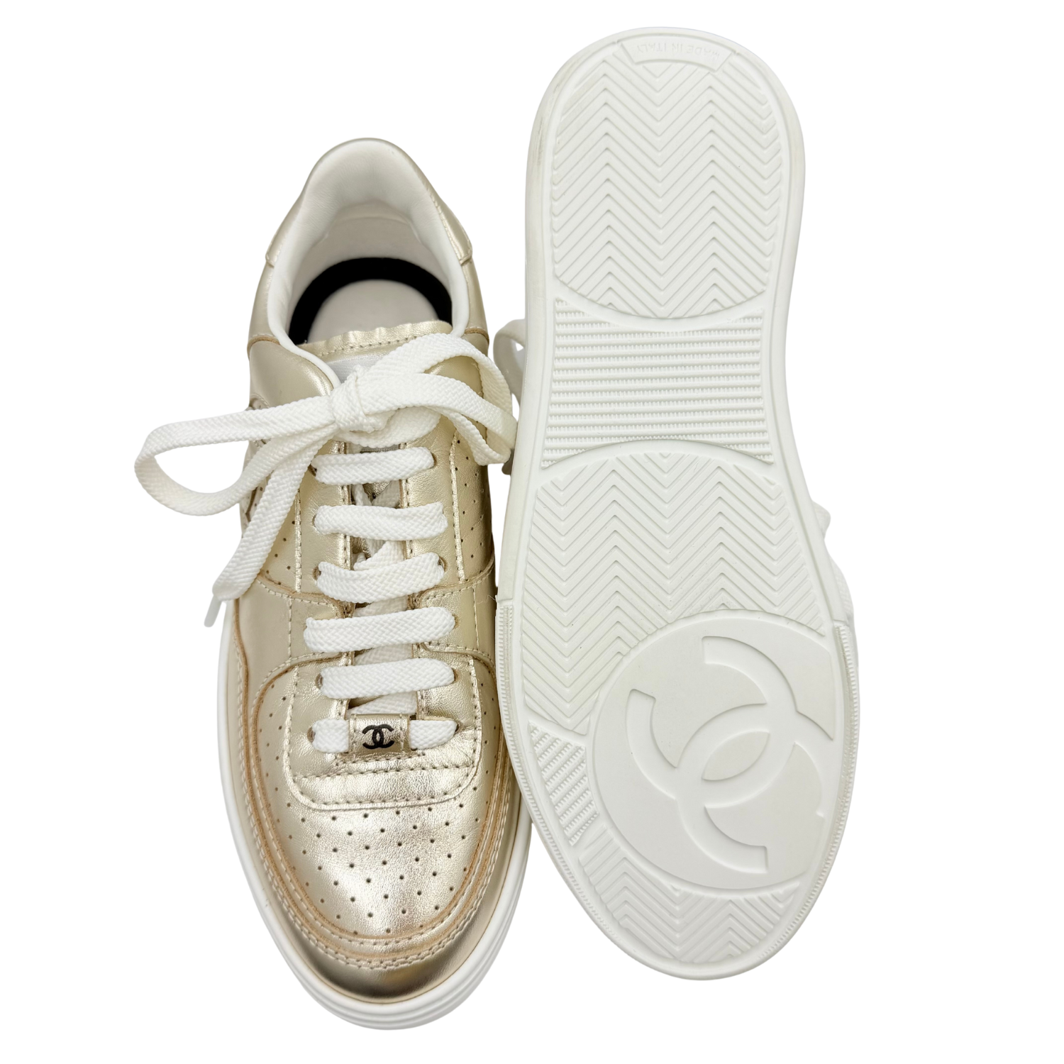 Chanel CC Laminated Calfskin Low Top Sneakers Gold