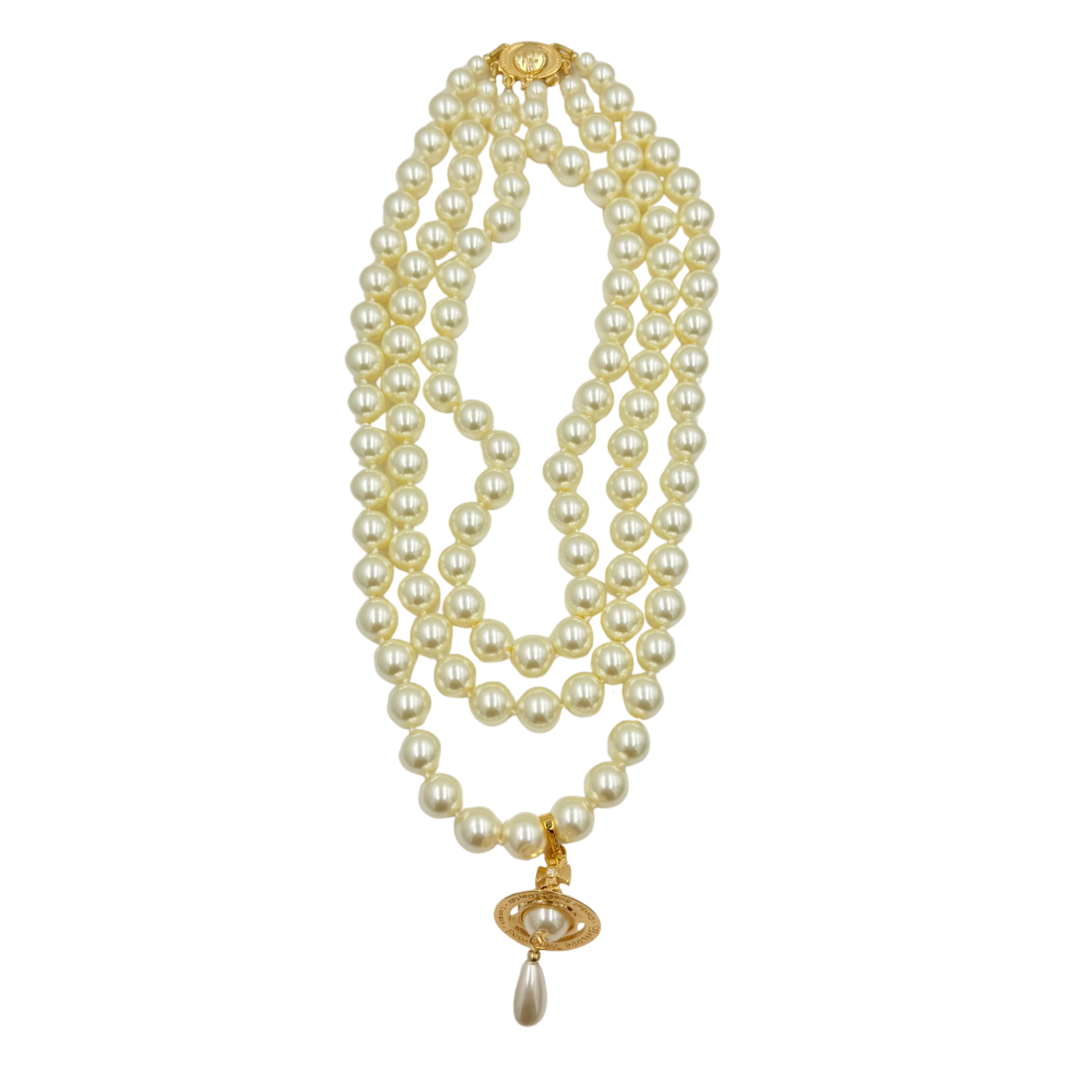 3 Row Pearl Choker Necklace with Gold Disk