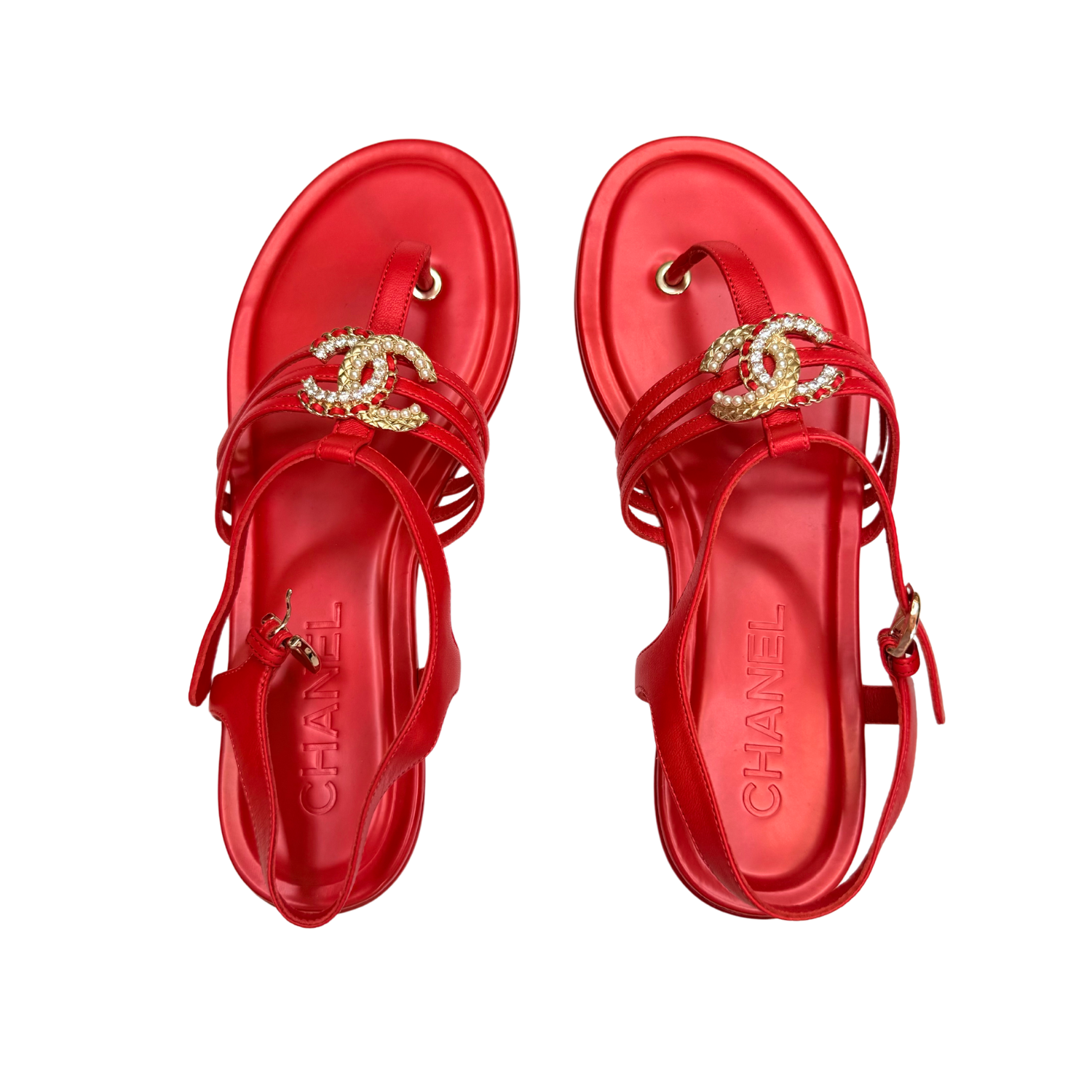 Chanel Interlocking Crystal CC T-Strap Sandals Red
