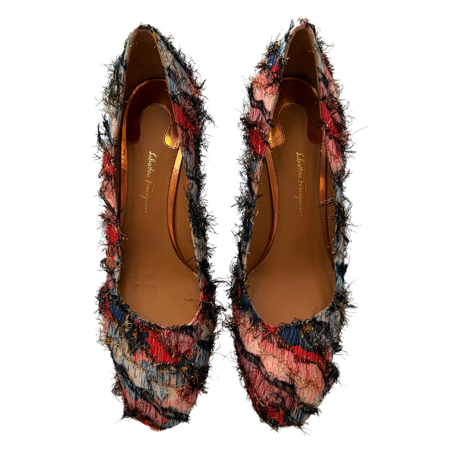 Salvatore Ferragamo Satin Fantasy Fringe Block Heel Pump Multicolor