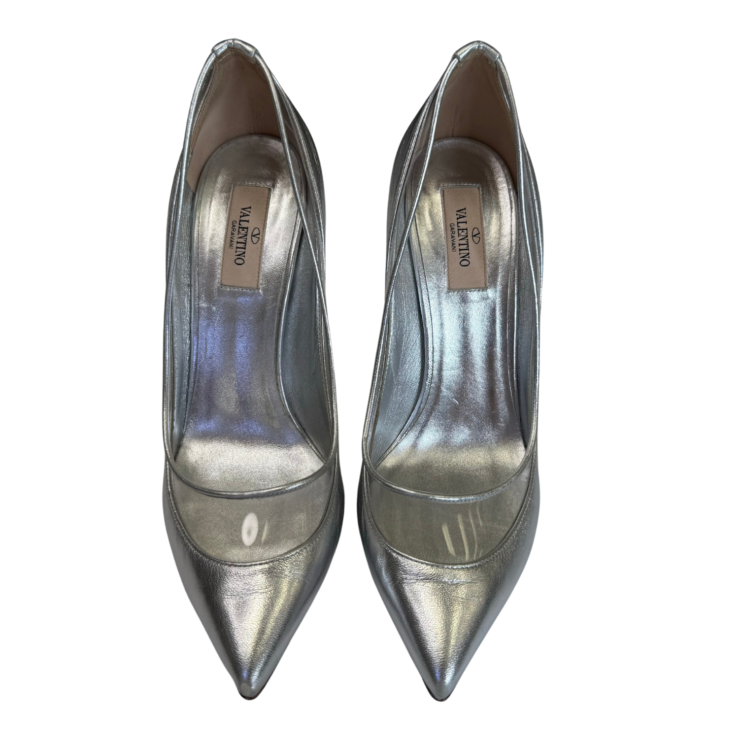Valentino Metallic Leather Pointed Toe Pumps Silver