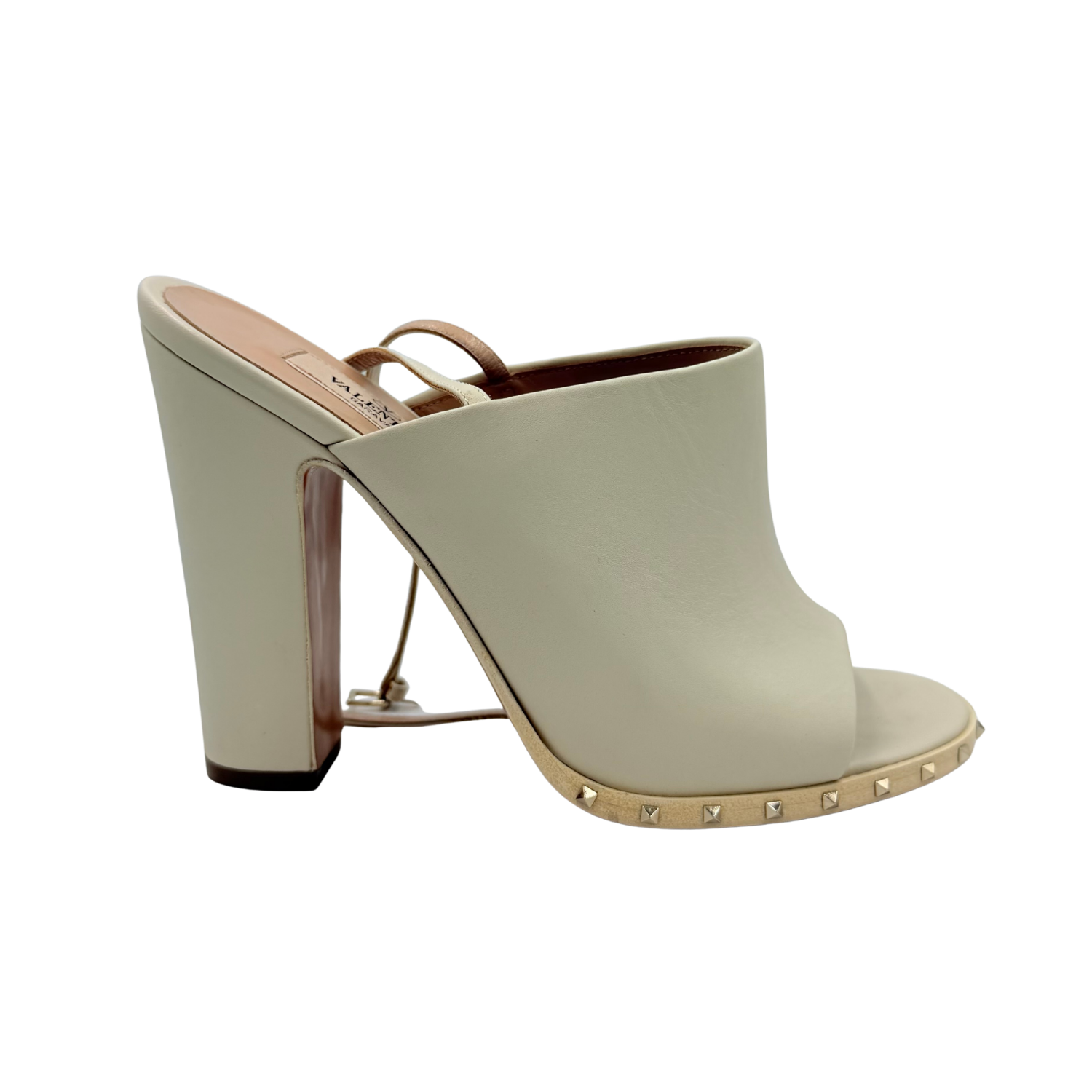 Valentino Garavani Atelier Rockstud Accents Leather Mules Cream Size 37