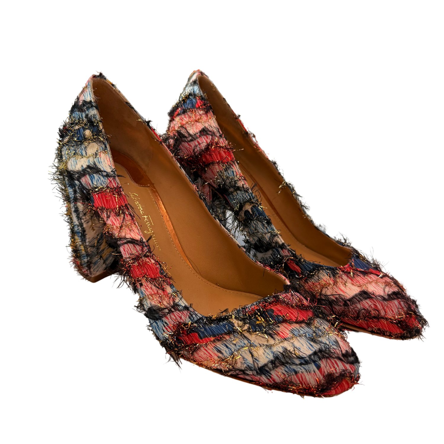 Salvatore Ferragamo Satin Fantasy Fringe Block Heel Pump Multicolor