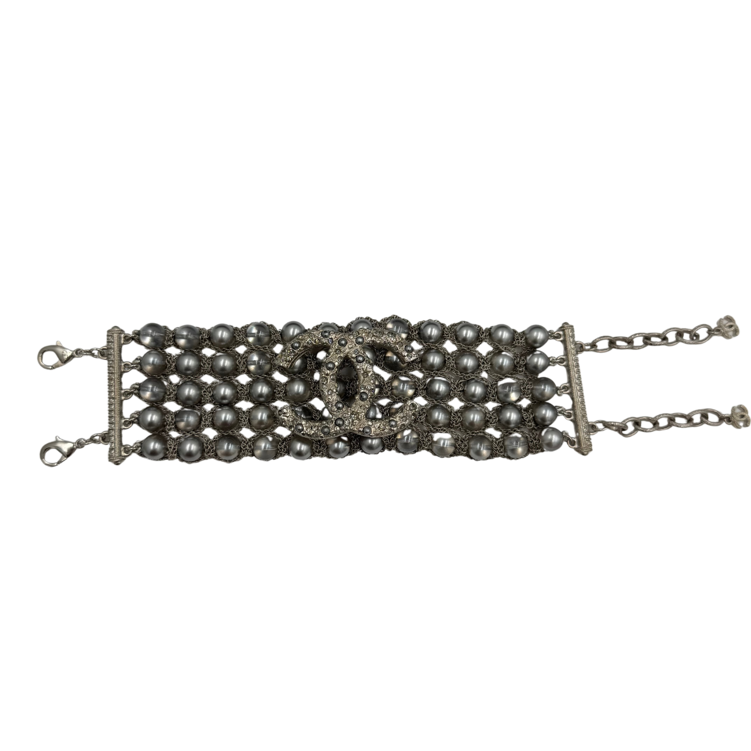 Chanel CC Triple Row Chain Rhinestone/Pearl Silver Bracelet