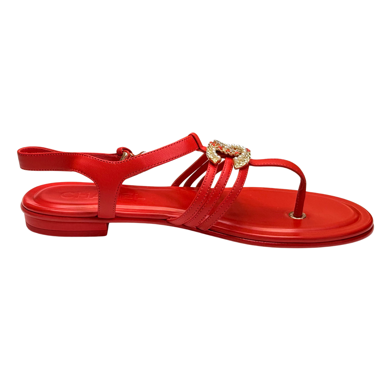 Chanel Interlocking Crystal CC T-Strap Sandals Red