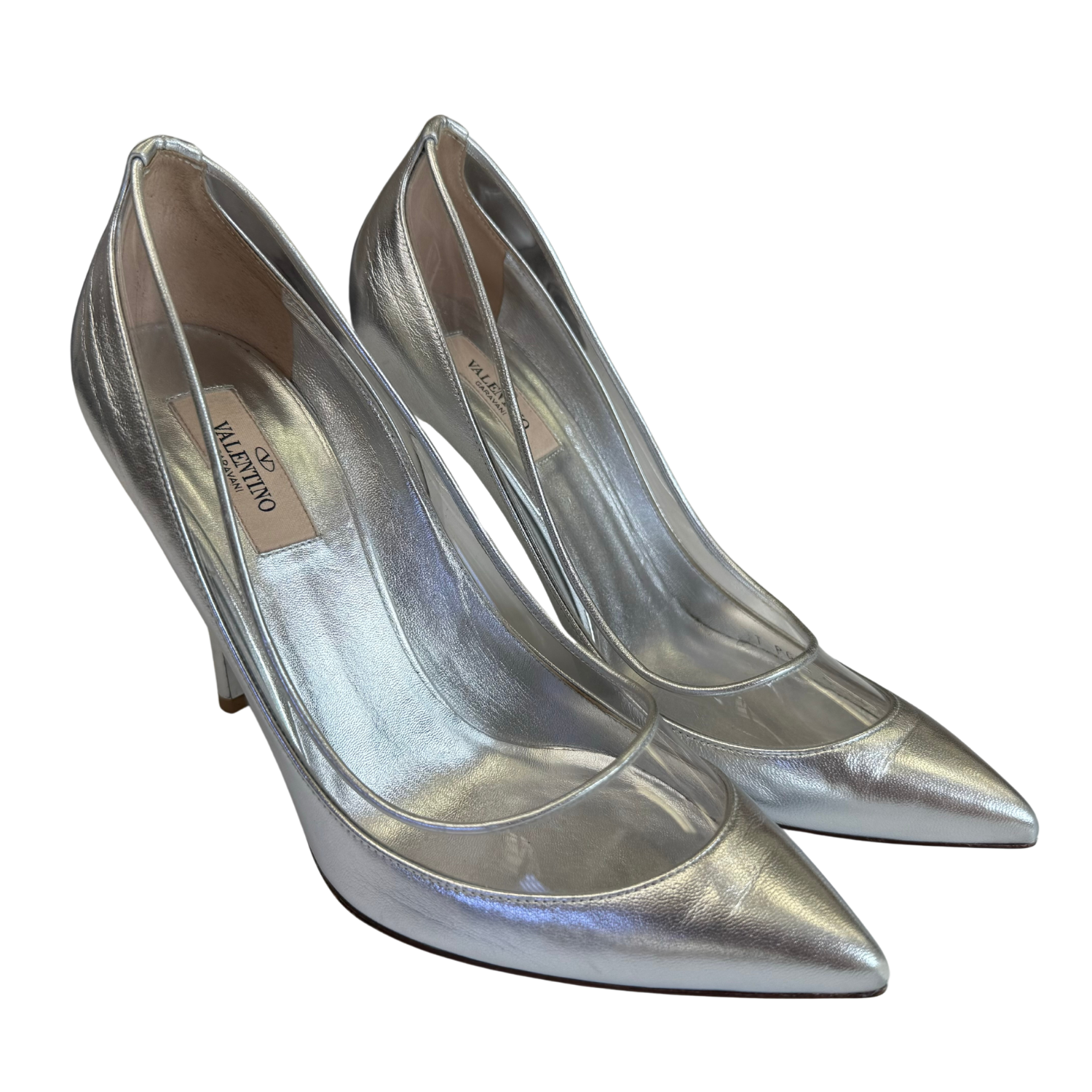 Valentino Metallic Leather Pointed Toe Pumps Silver