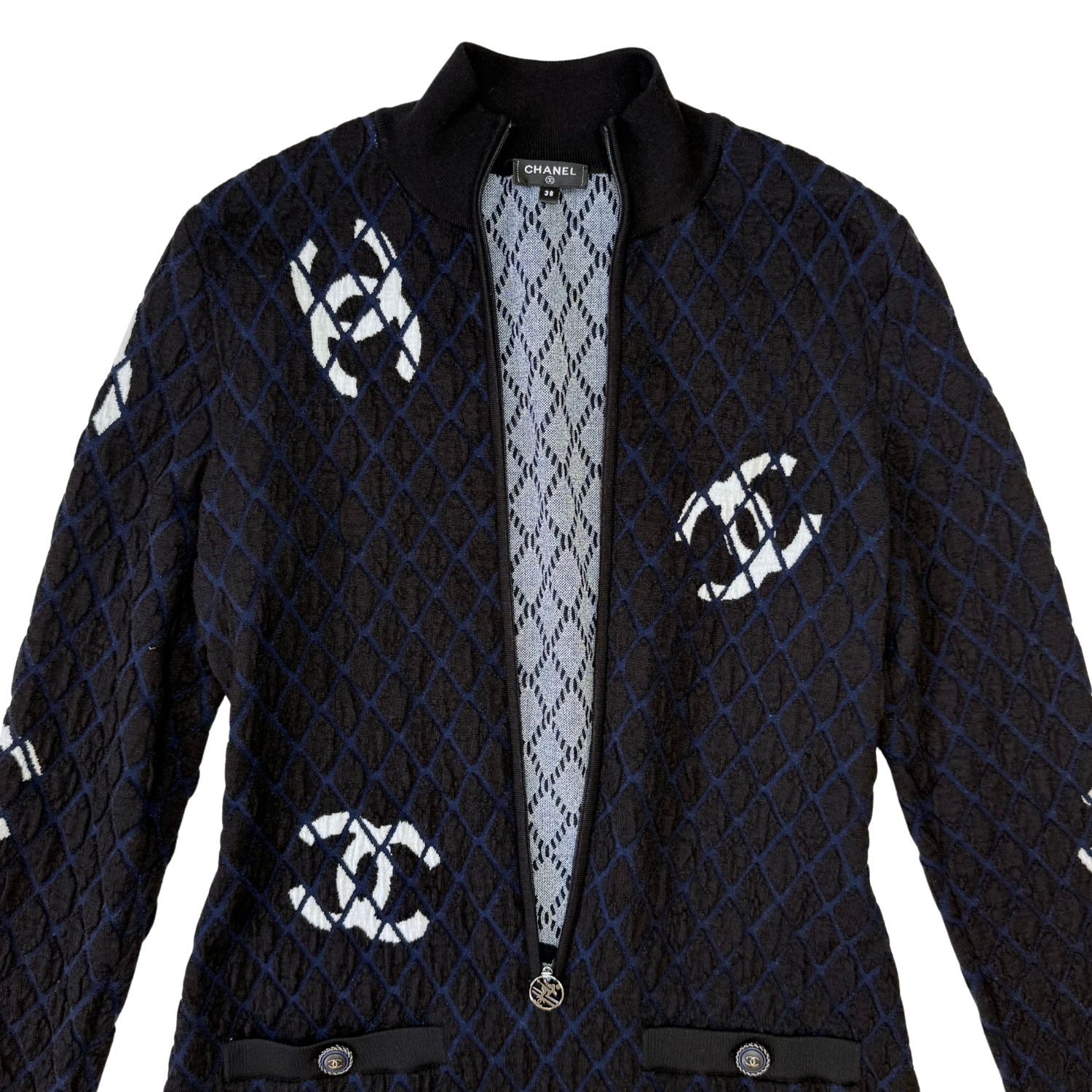Chanel Runway CC Coco Neige Half Zip Up Dress Blue & Black