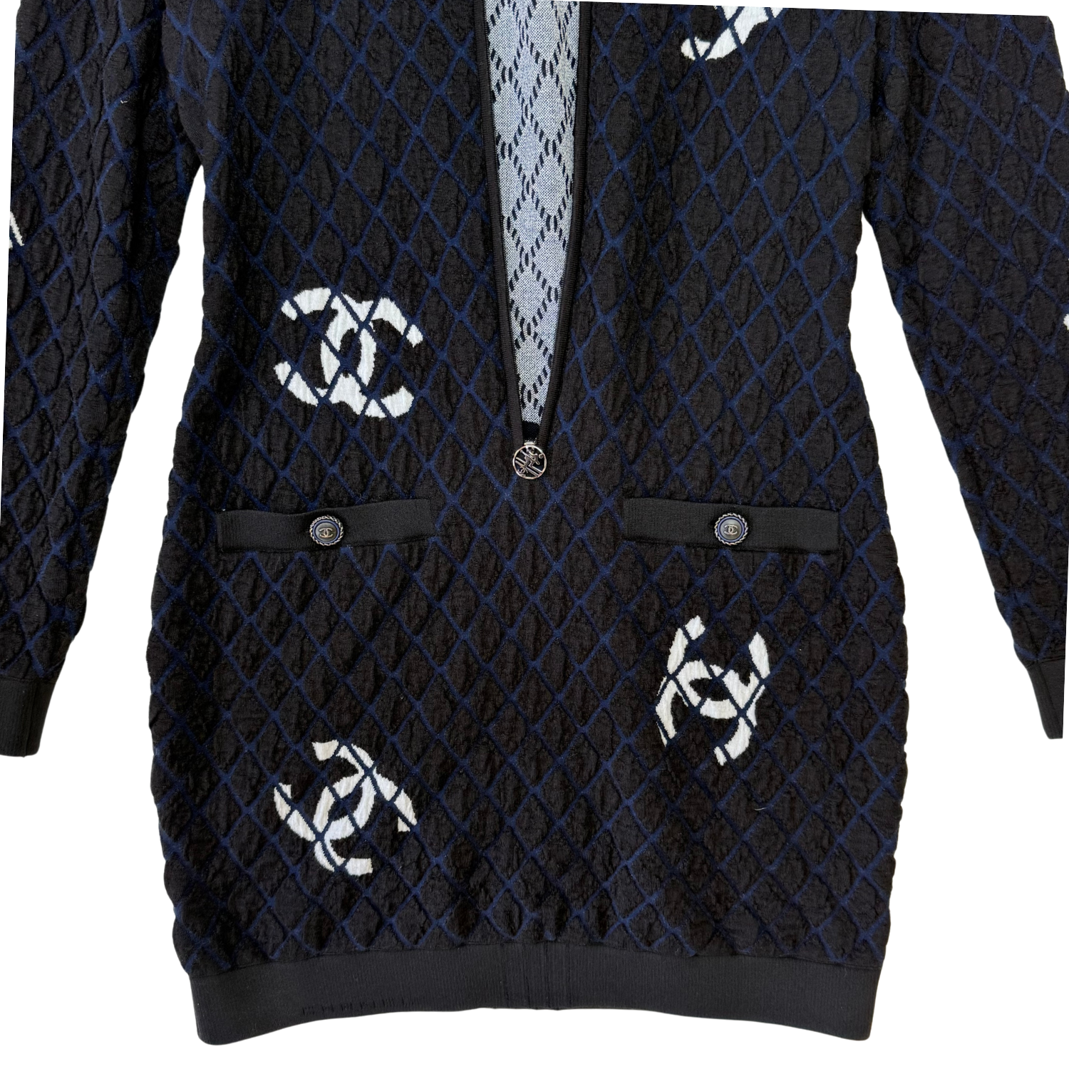 Chanel Runway CC Coco Neige Half Zip Up Dress Blue & Black