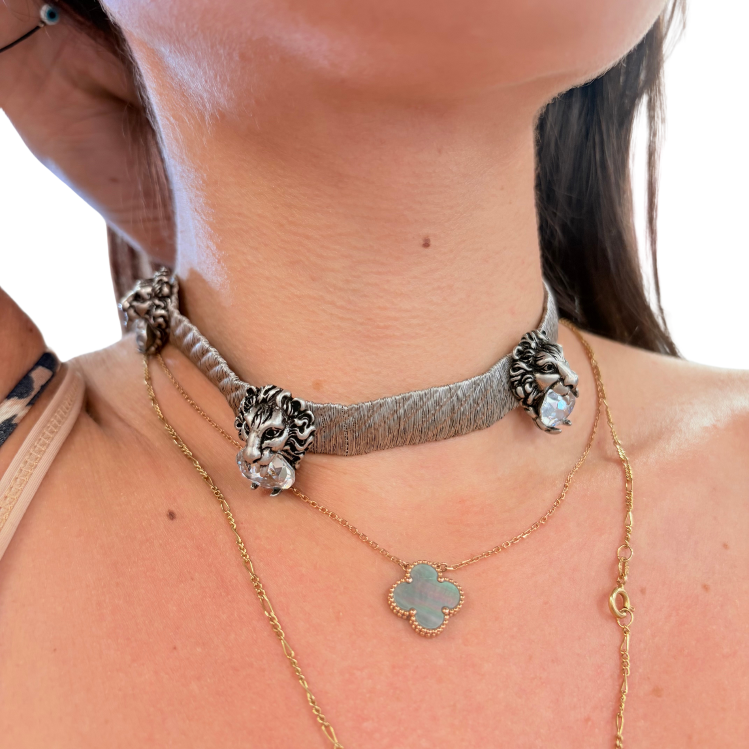 Gucci 3 Lion Heads Choker Necklace Silver