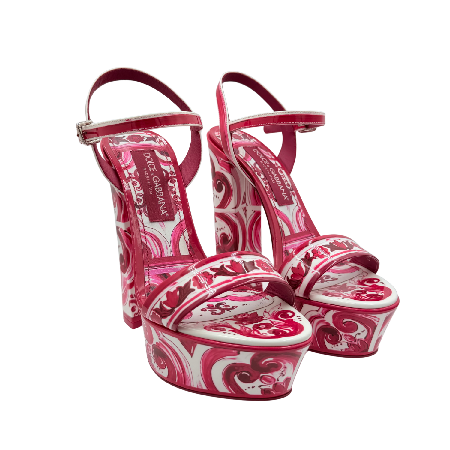 Dolce & Gabbana Patent Leather Floral Printed Slingback Sandals Red Size 10