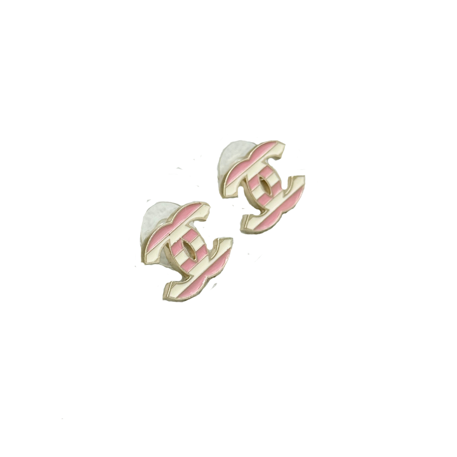 Chanel Small Enamel Striped CC Earrings Pink White Gold