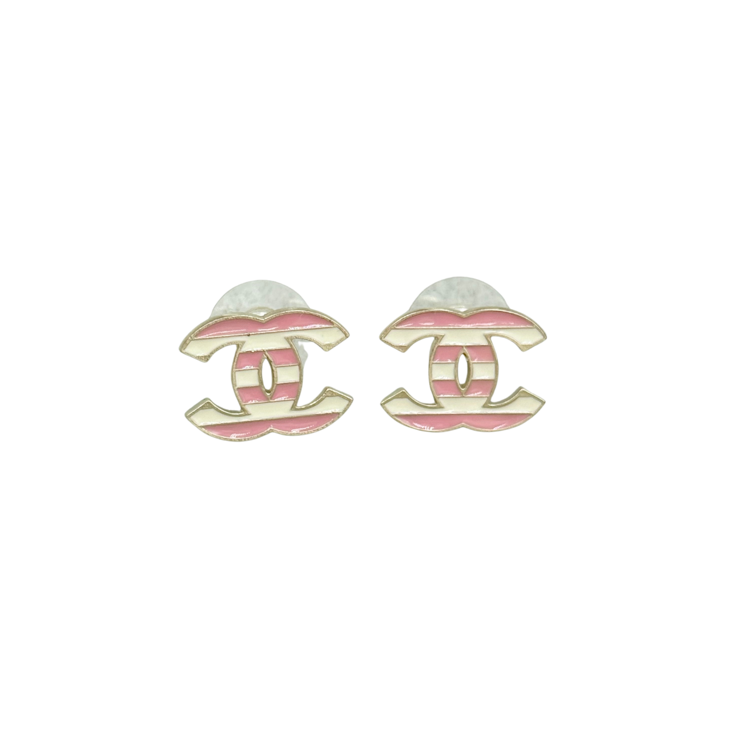 Chanel Small Enamel Striped CC Earrings Pink White Gold