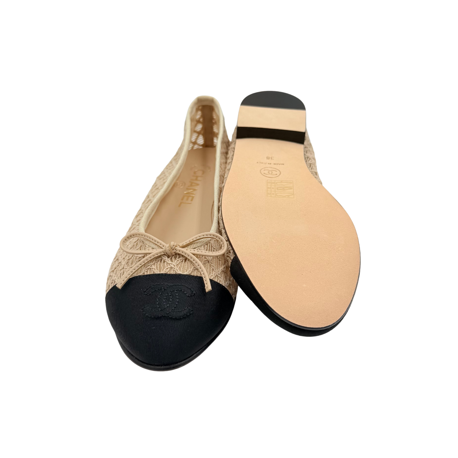 Chanel Mesh Crochet Grosgrain Cap Toe Ballerina Flats Beige Black Size 38