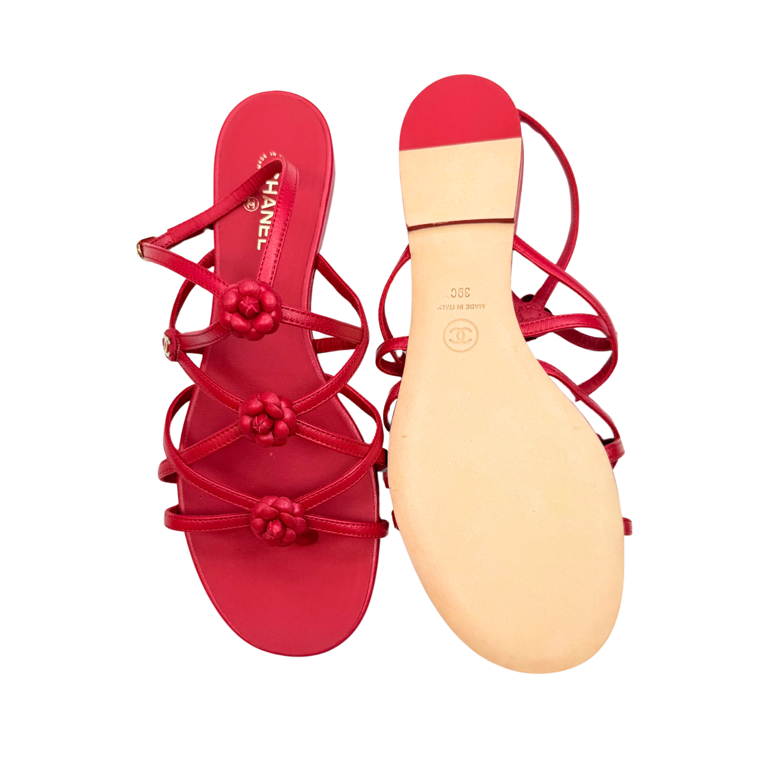 Chanel Interlocking CC Camellia Flats Red