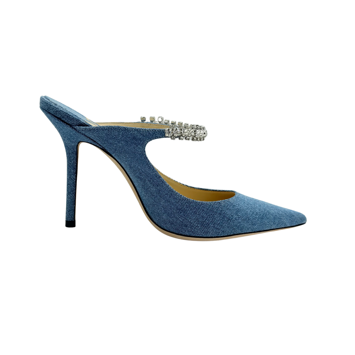 Jimmy Choo Bing 100 Crystal-Strap Heeled Mules Denim