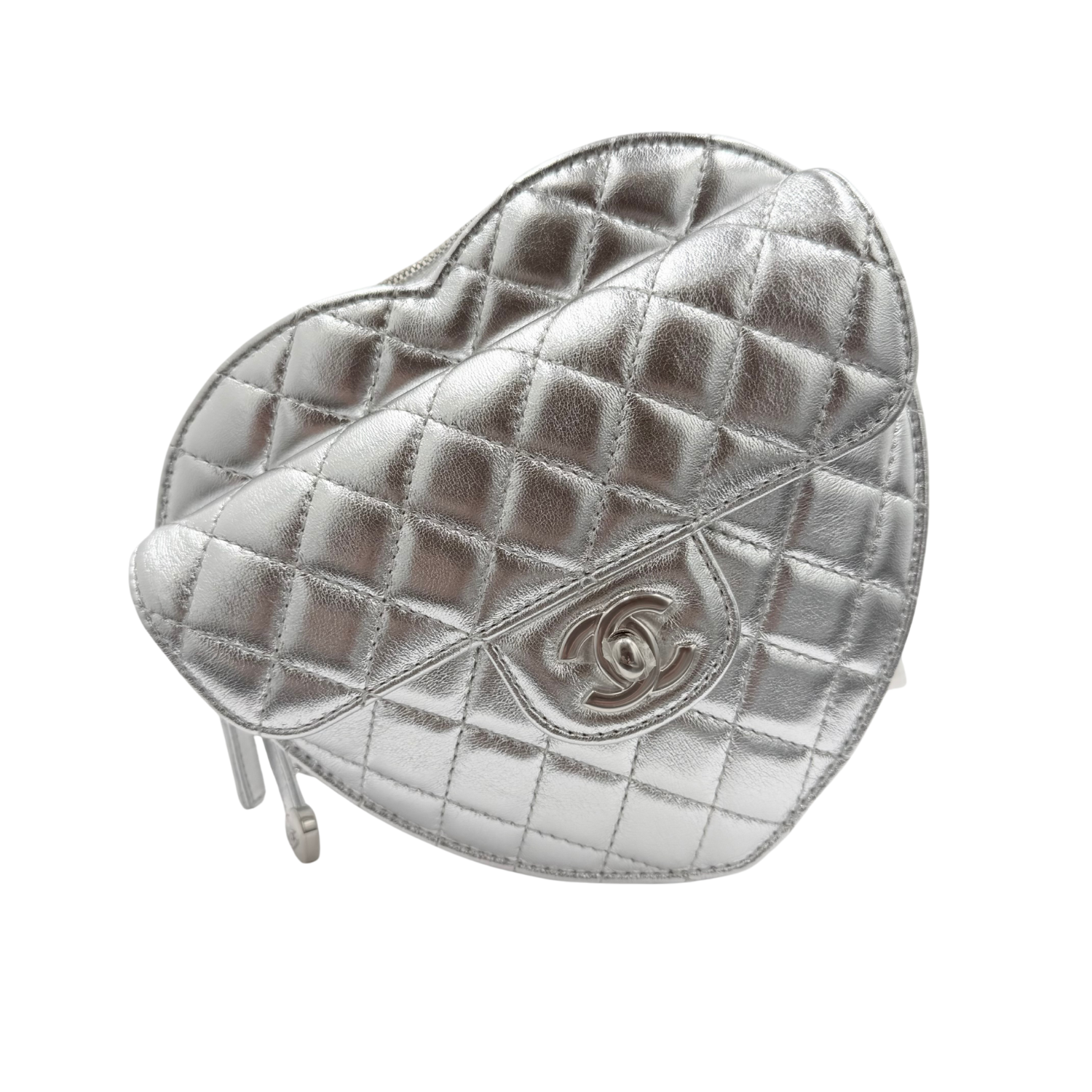 Chanel Large Lambskin Quilted CC In Love Heart Bag Silver