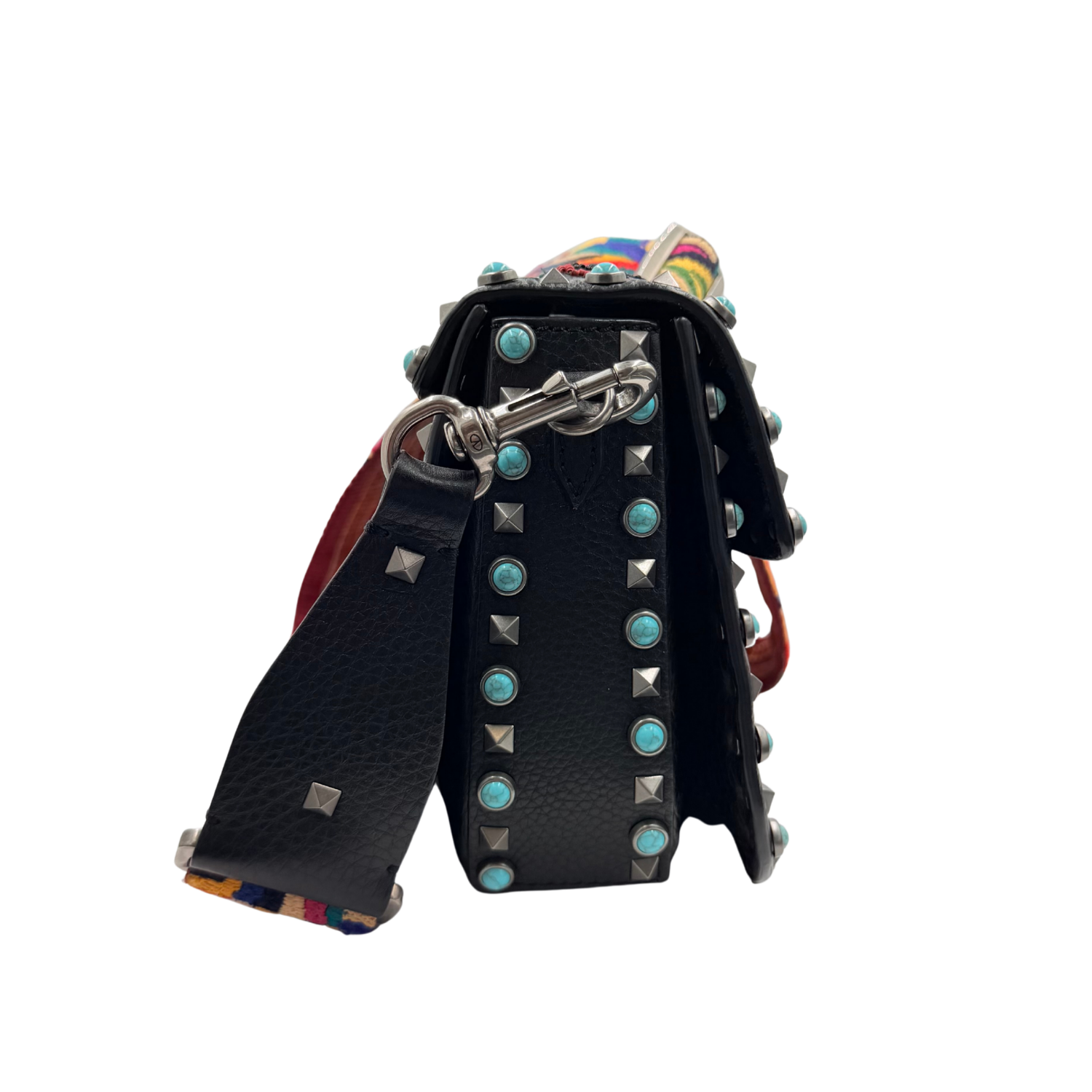 Beaded Rockstud Rolling Shoulder Bag w/ Guitar Strap Black