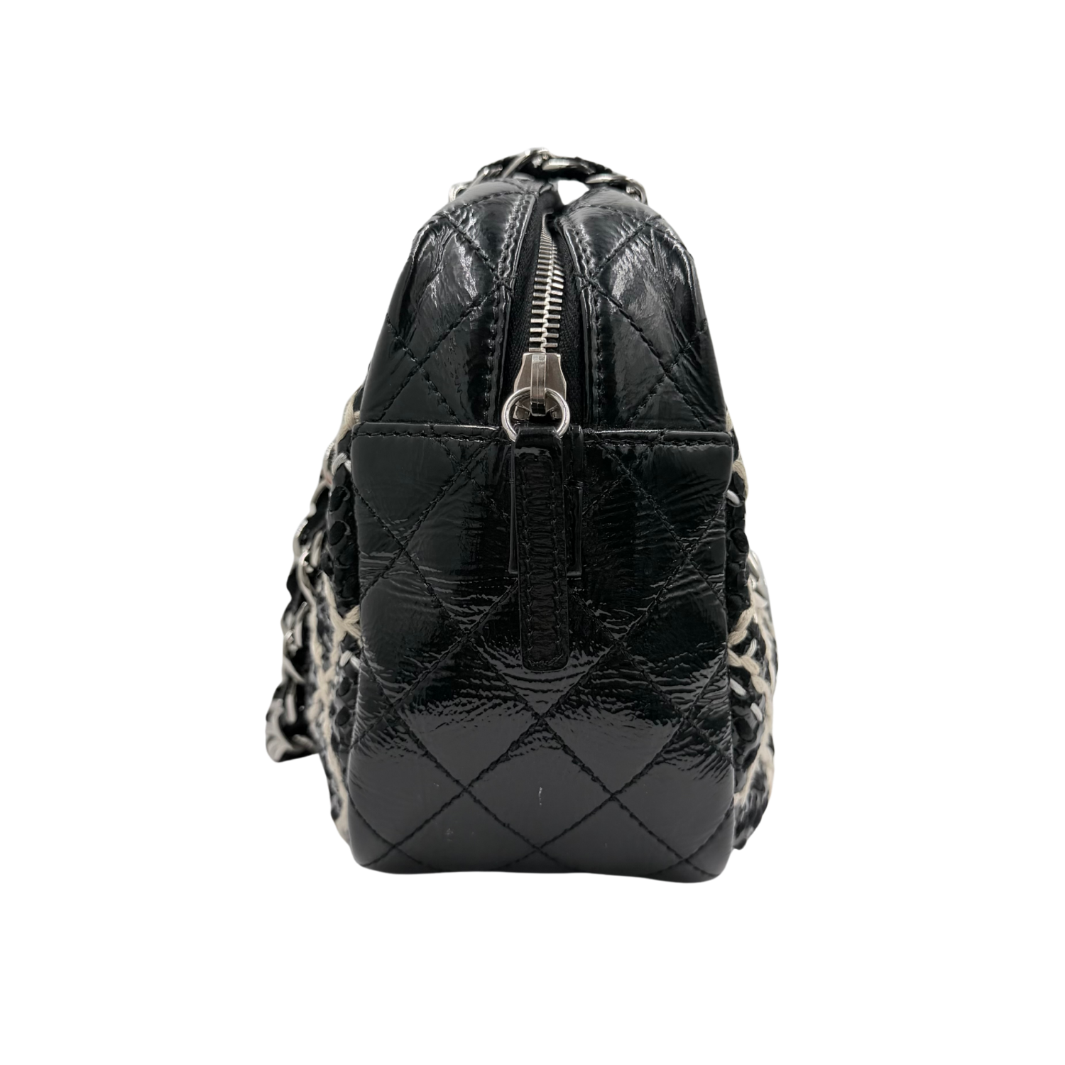 Chanel Camera Case Bag Diamond Woven Stitch Patent Leather Medium Black