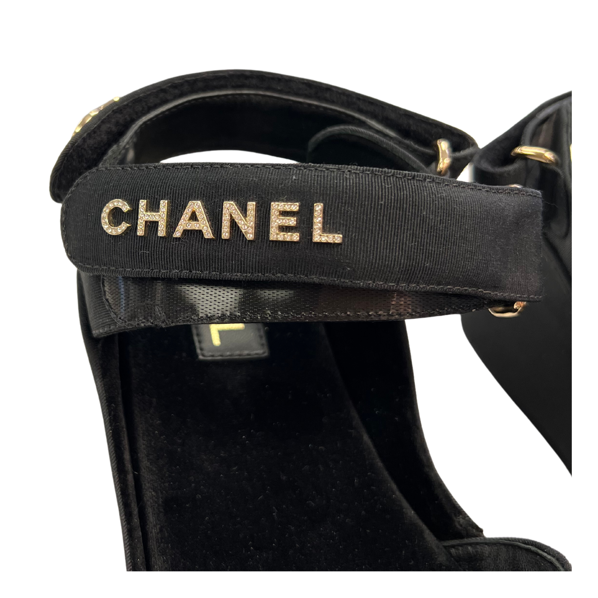 Chanel Grosgrain Crystal Logo Platform Sandals