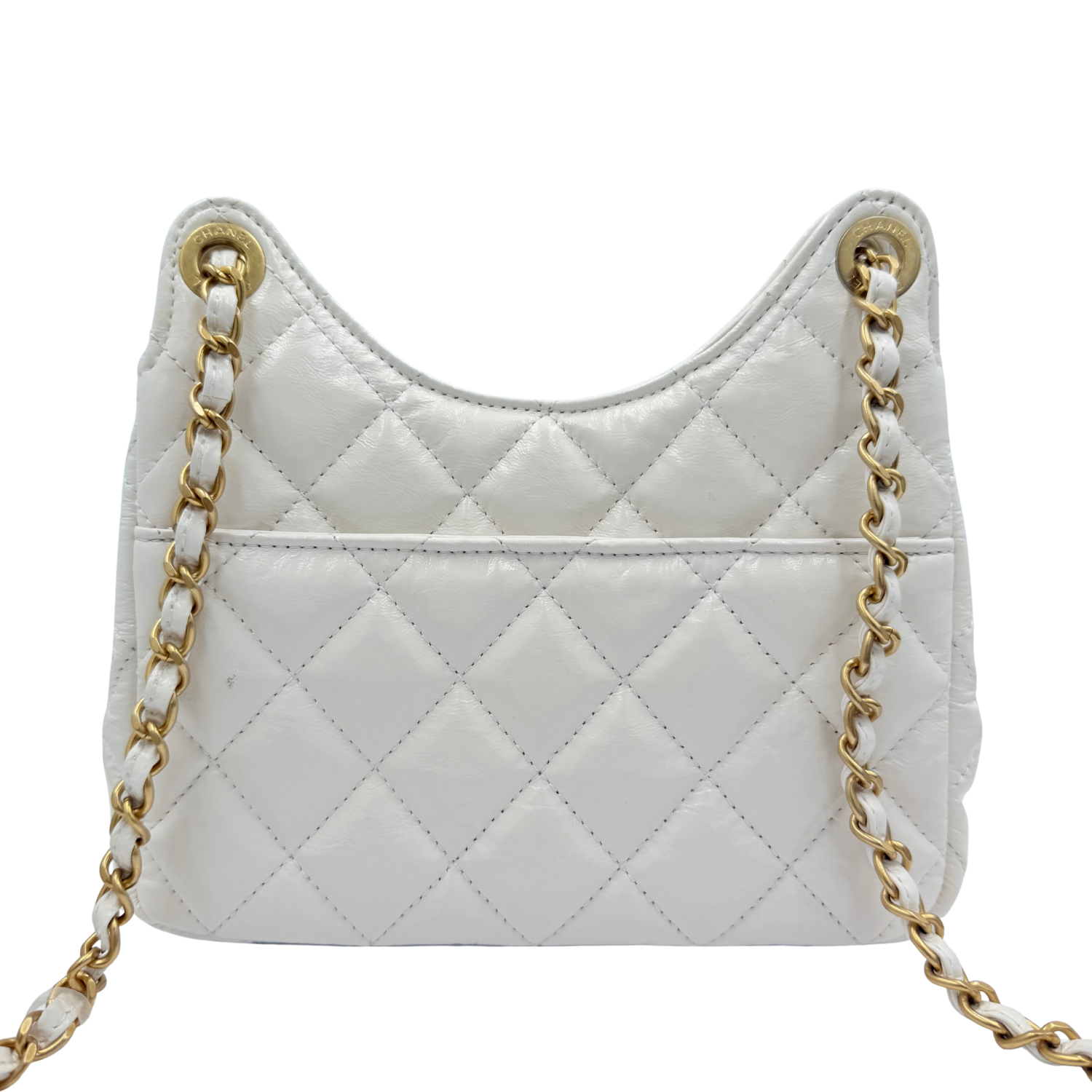 Chanel CC Small Shiny Crumpled Quilted Calfskin Wavy Hobo Bag White
