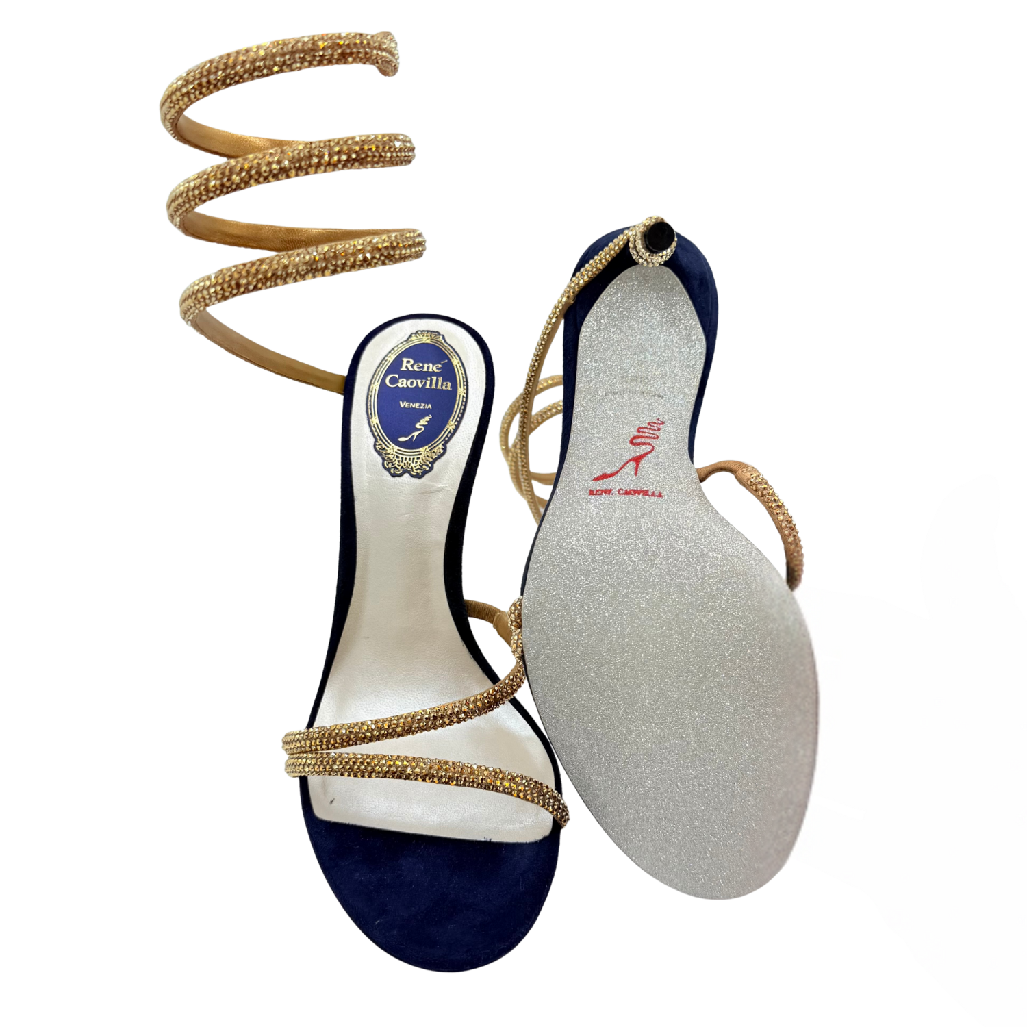 Rene Caovilla Margot Crystal Sandal 105mm Navy and Gold