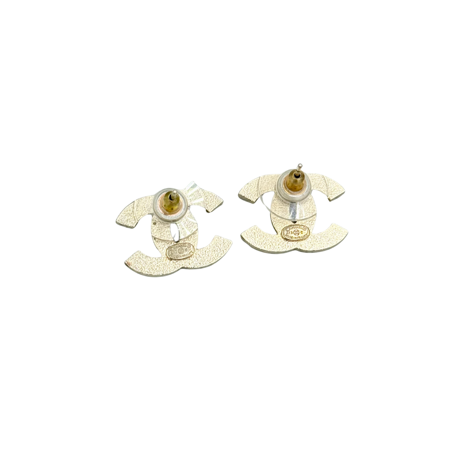 Chanel Small Enamel Striped CC Earrings Pink White Gold