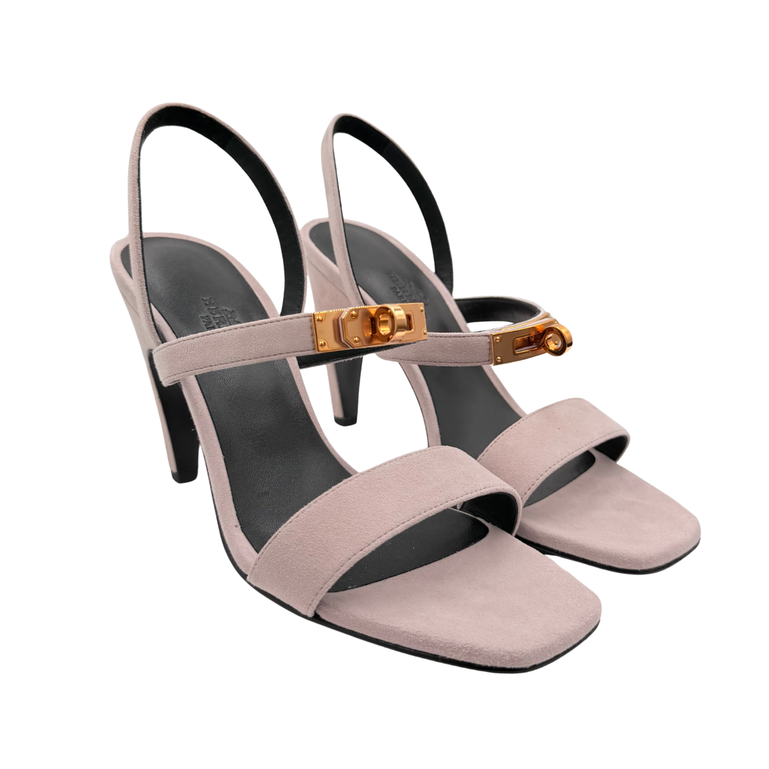 Hermès Suede Goatskin Glamour 95 Heeled Sandals Rose Porcelaine Size 36.5