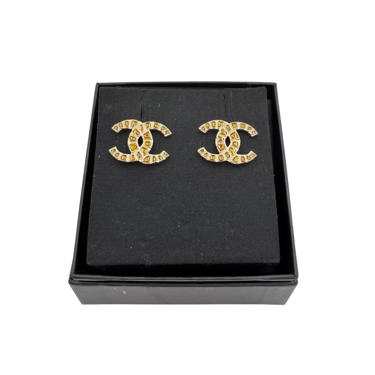 Chanel Large Gold Tone Yellow Gripoix CC Stud Earrings