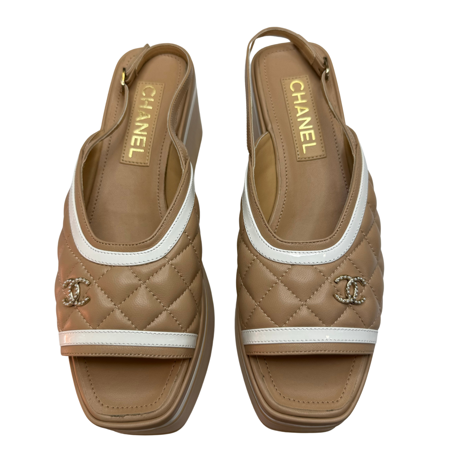 Chanel 2023 Interlocking CC Logo Slingback Sandals Beige