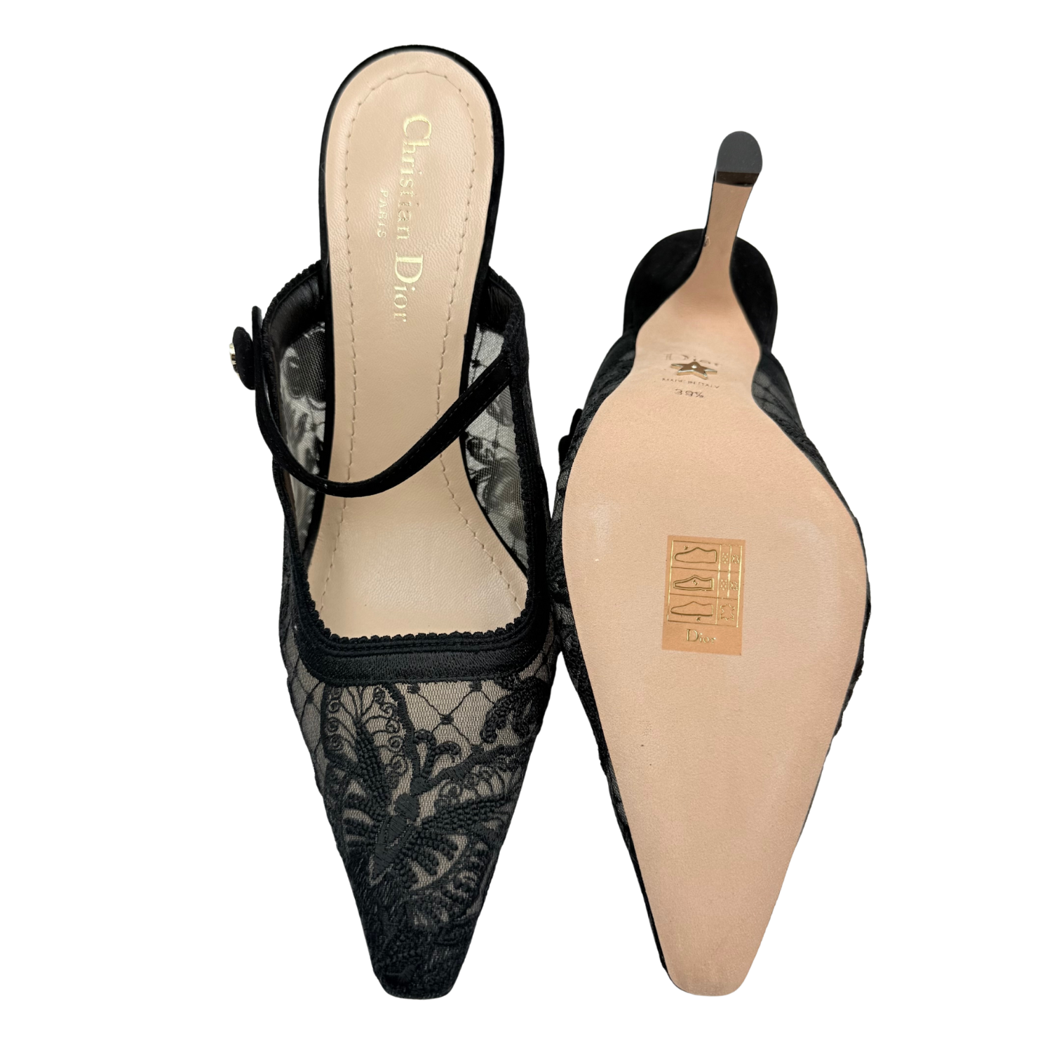 Christian Dior Lace Pattern Scalloped Accent Mules Black