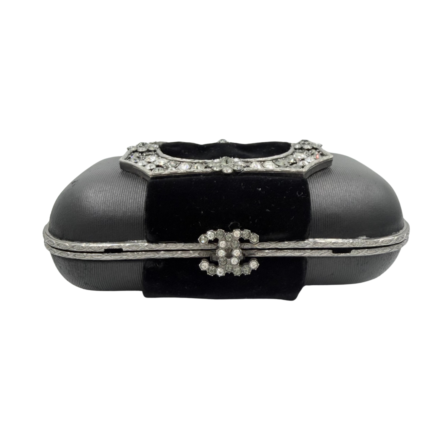 Chanel Lambskin and Velvet Strass Minaudière Embellished Silver Hardware Clutch Black