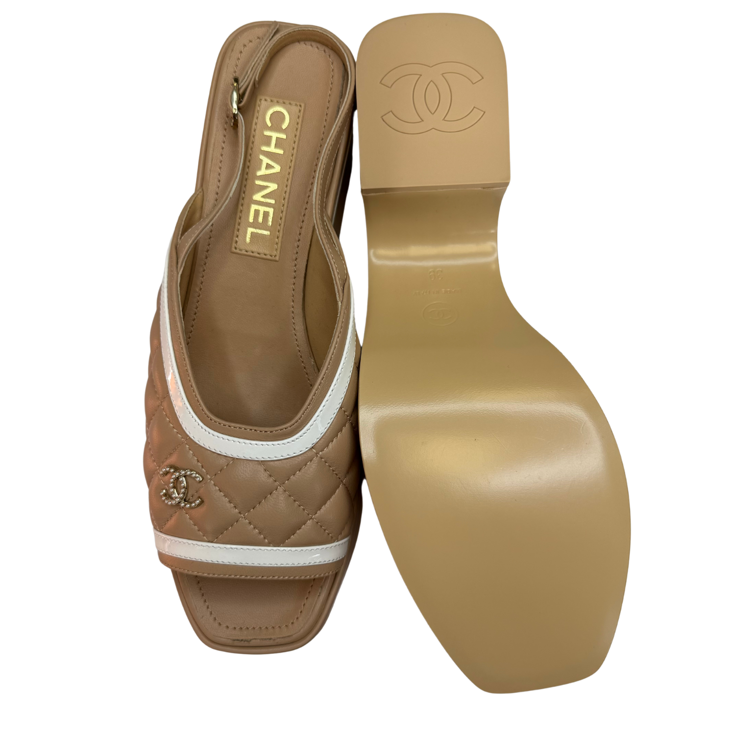 Chanel 2023 Interlocking CC Logo Slingback Sandals Beige