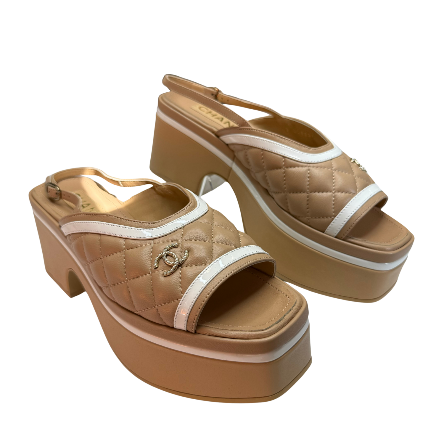 Chanel 2023 Interlocking CC Logo Slingback Sandals Beige