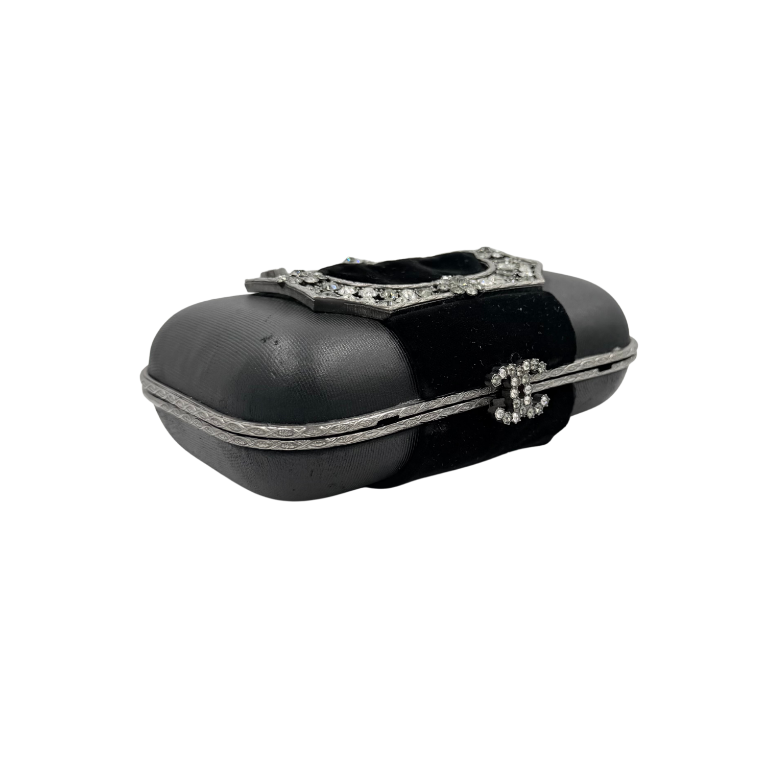 Chanel Lambskin and Velvet Strass Minaudière Embellished Silver Hardware Clutch Black