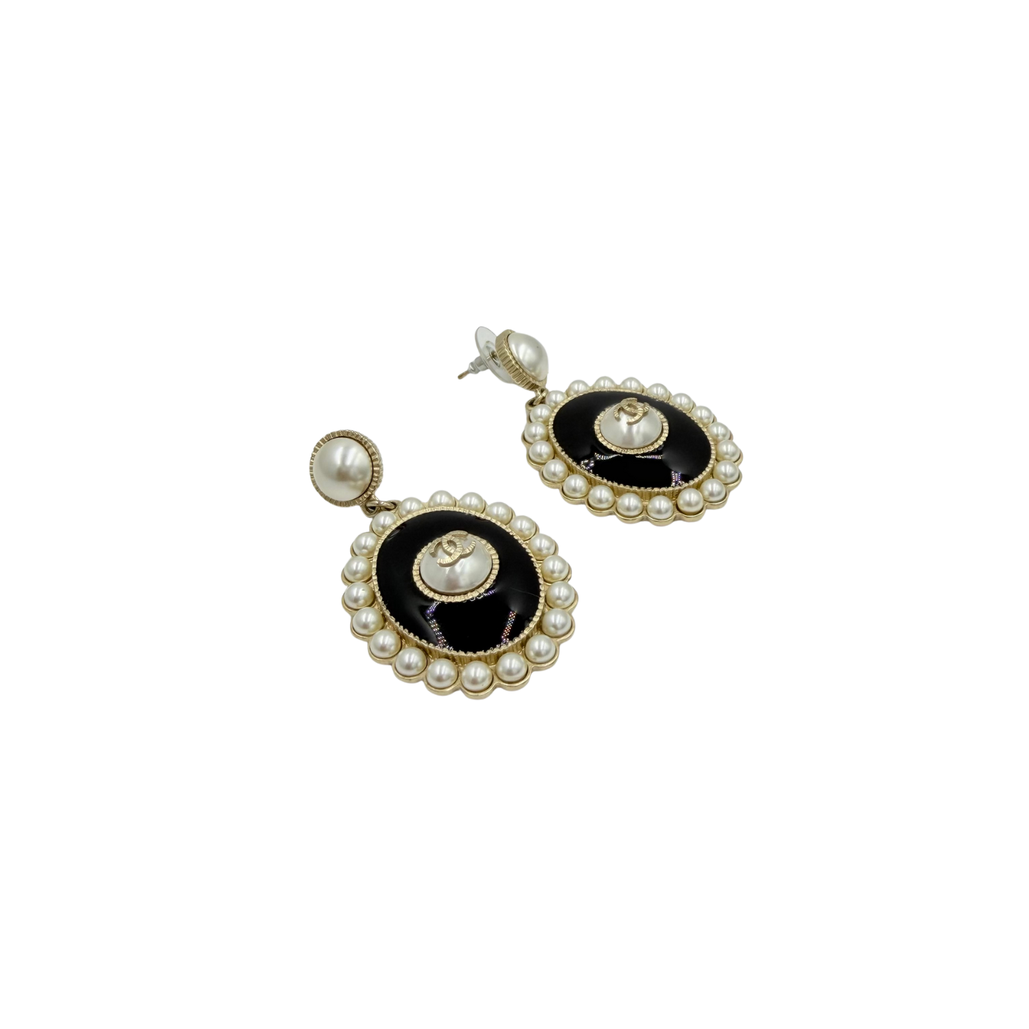 Chanel Black Enamel, Gold Metal, and Imitation Pearl CC Oval Drop Earrings