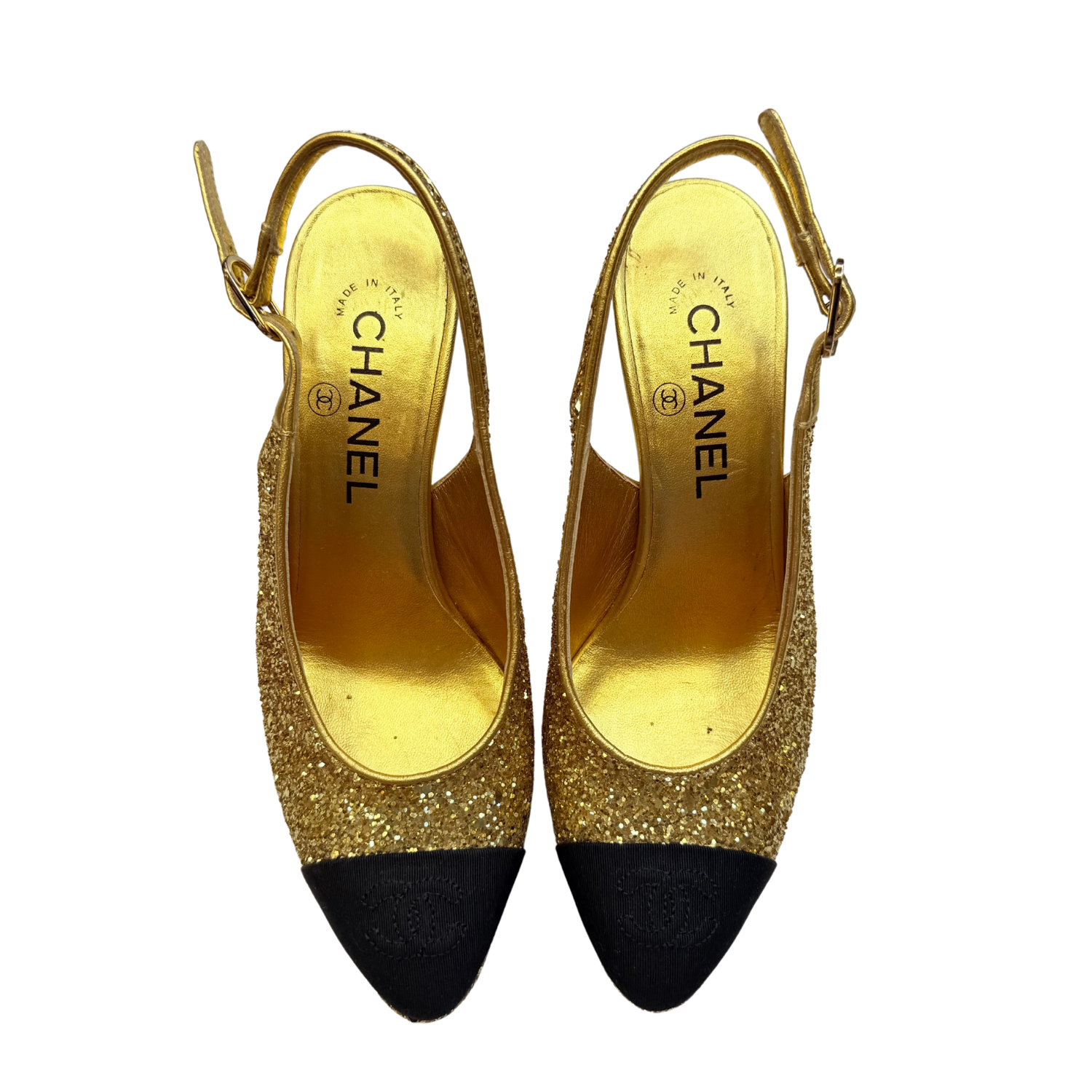 Chanel Interlocking CC Slingback Pumps Gold Glitter
