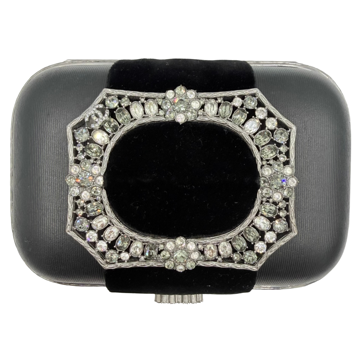 Chanel Lambskin and Velvet Strass Minaudière Embellished Silver Hardware Clutch Black