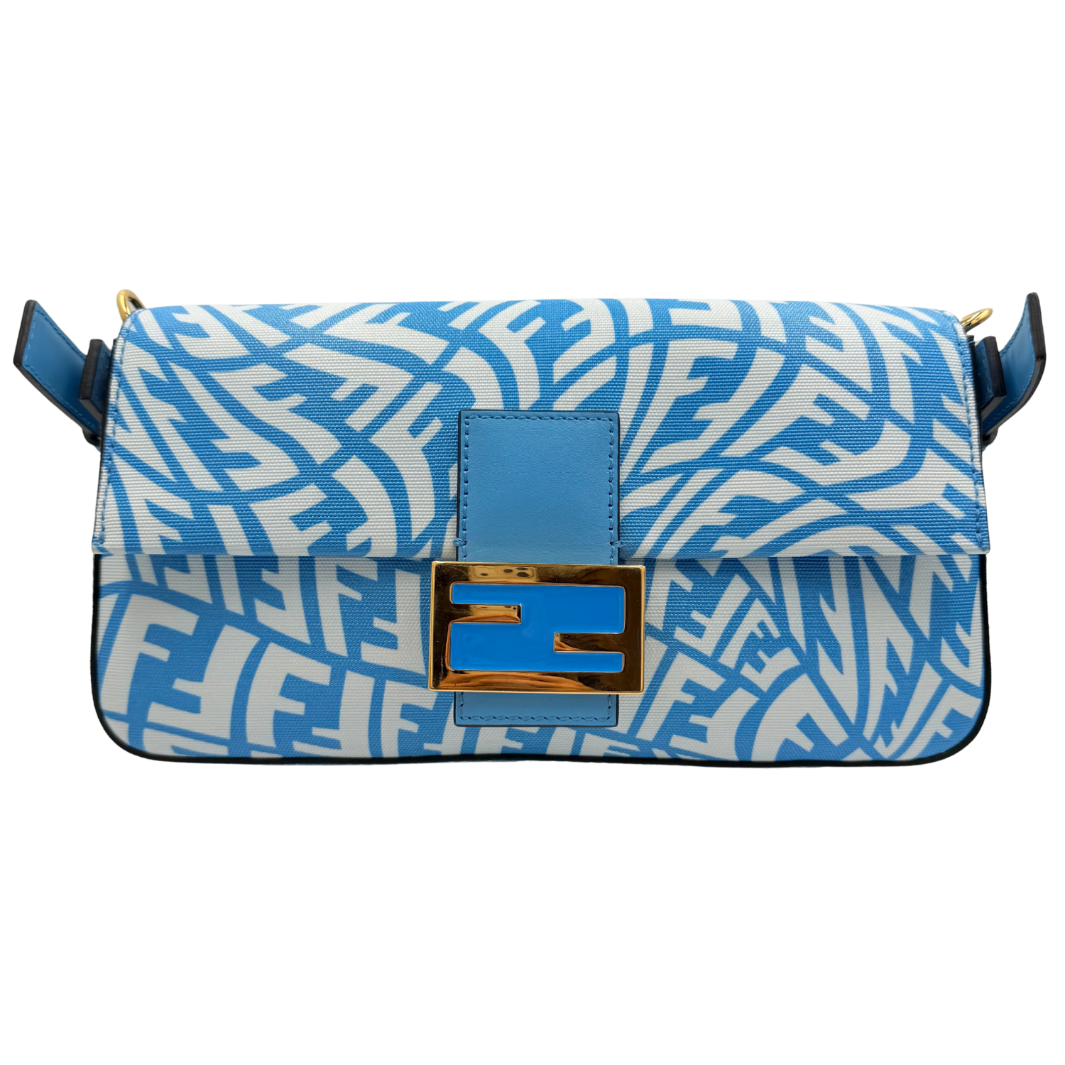 Fendi X SARAH COLEMAN Glazed Canvas Vitello King FF Vertigo Baguette 1997 Cyber Blue White