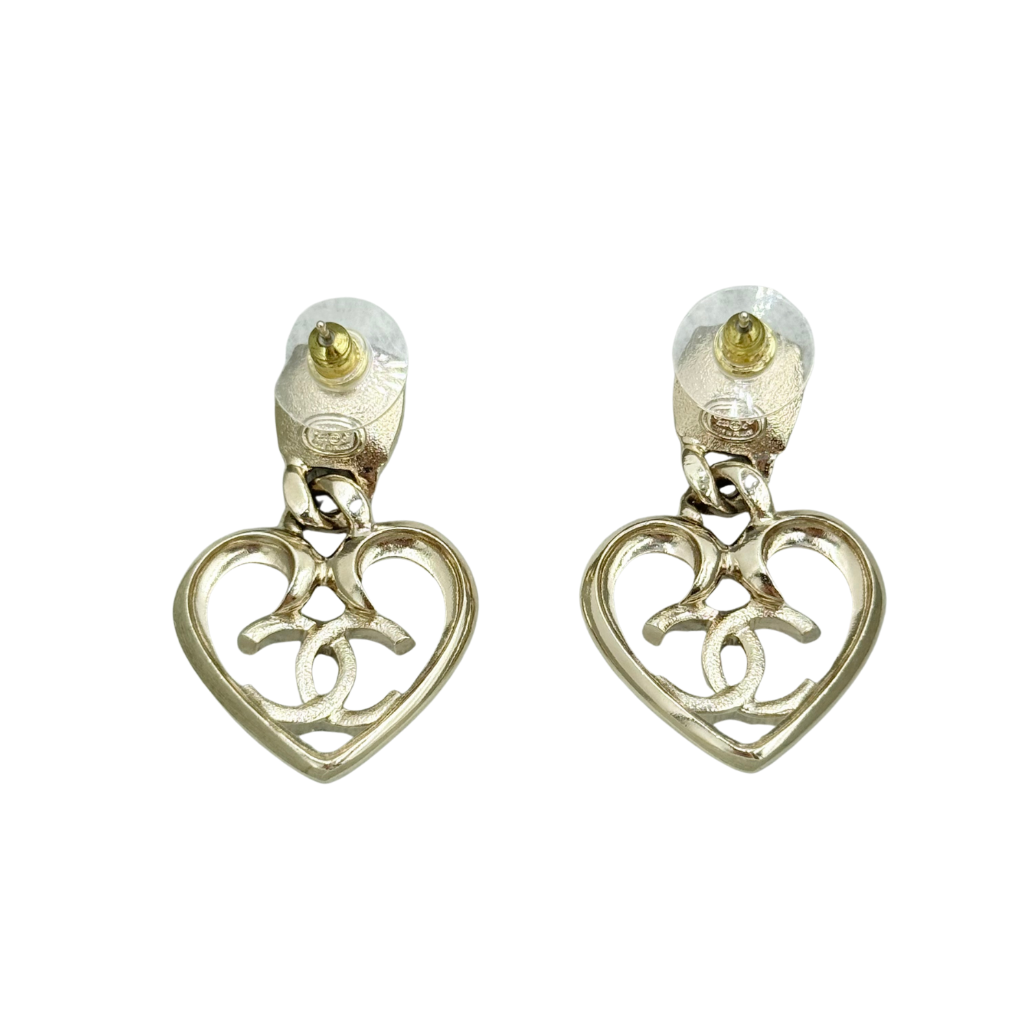 Chanel Large Strass CC Heart Drop Earrings Gold