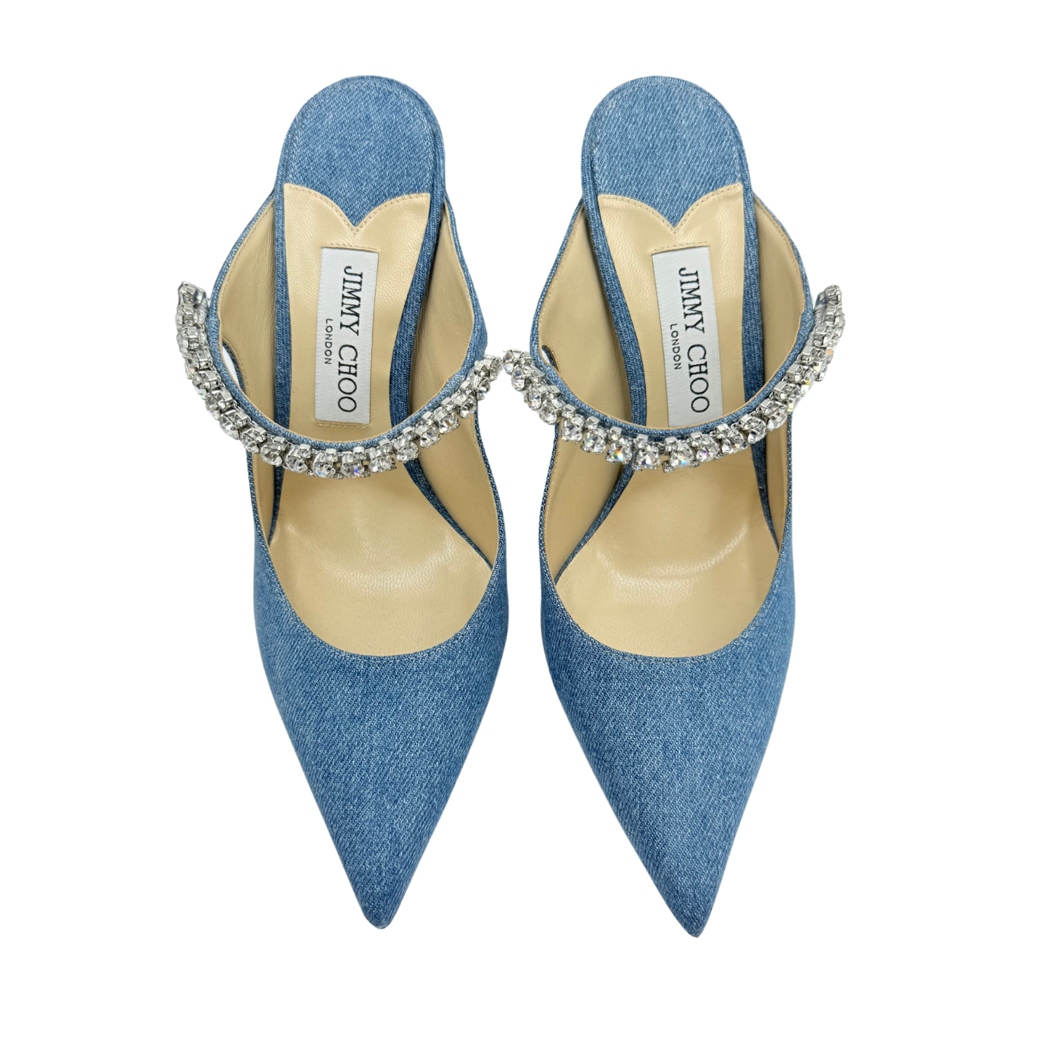 Jimmy Choo Bing 100 Crystal-Strap Heeled Mules Denim