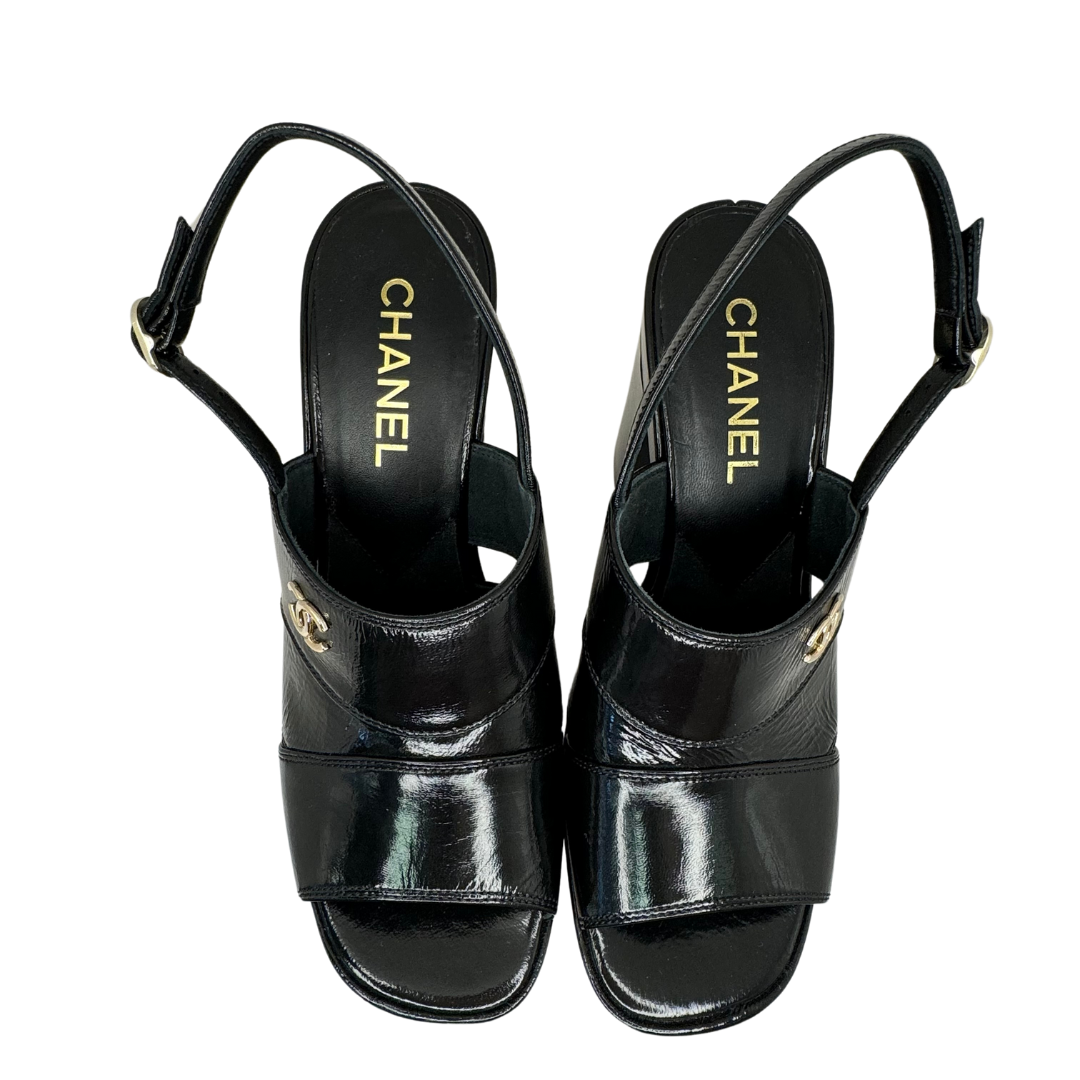 Chanel Patent Lambskin Platform Sandals Black