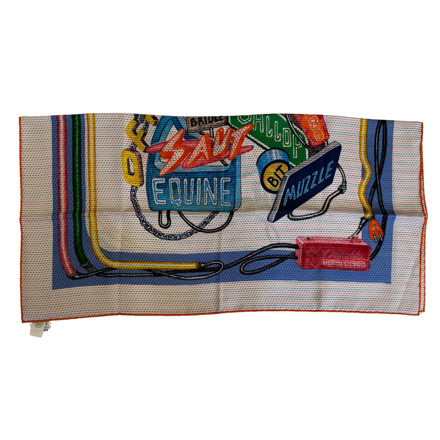 Hermès Silk Pointille Chevaloscope Neon Scarf 70 White Bleu Vert